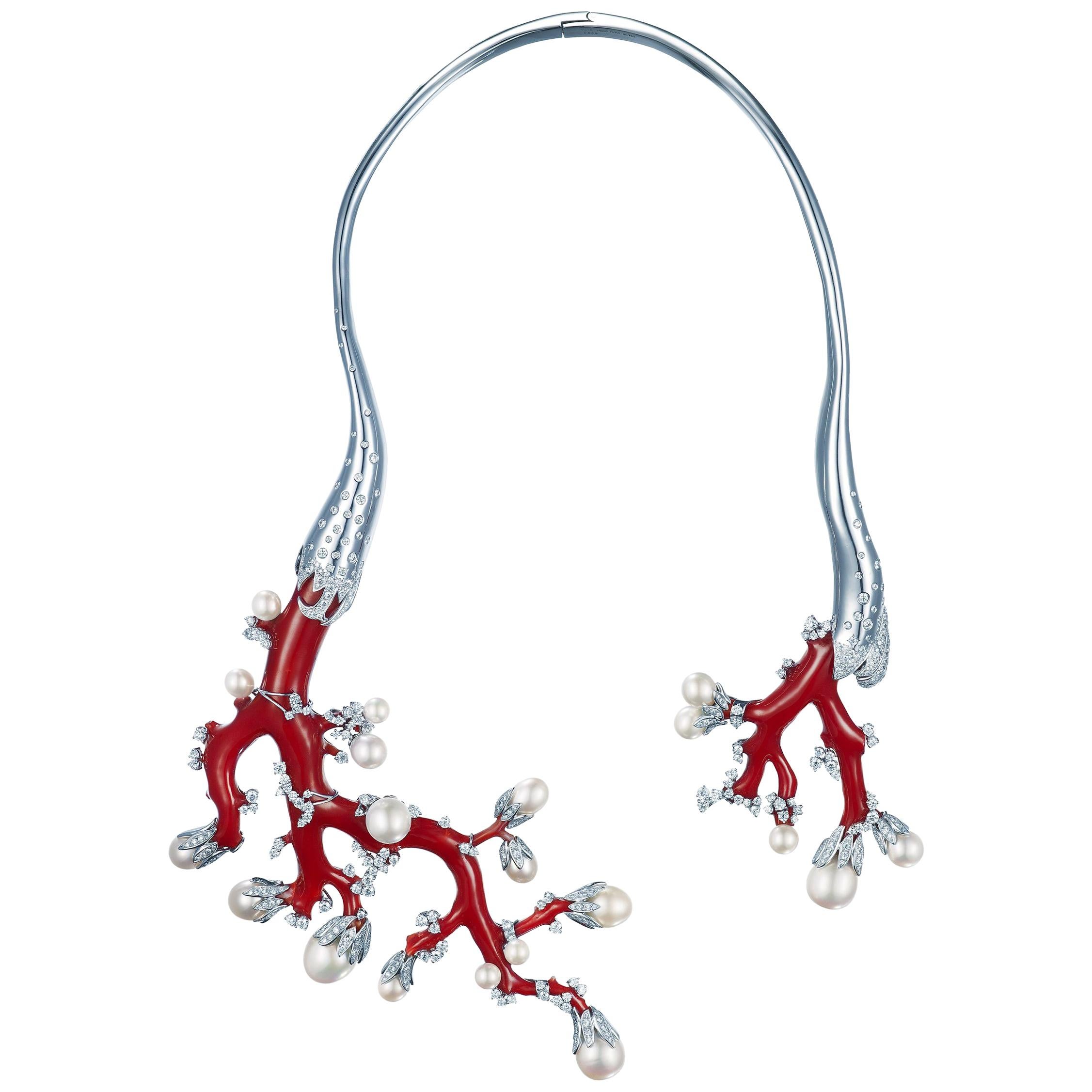 Red Coral Necklace 18k white gold  For Sale