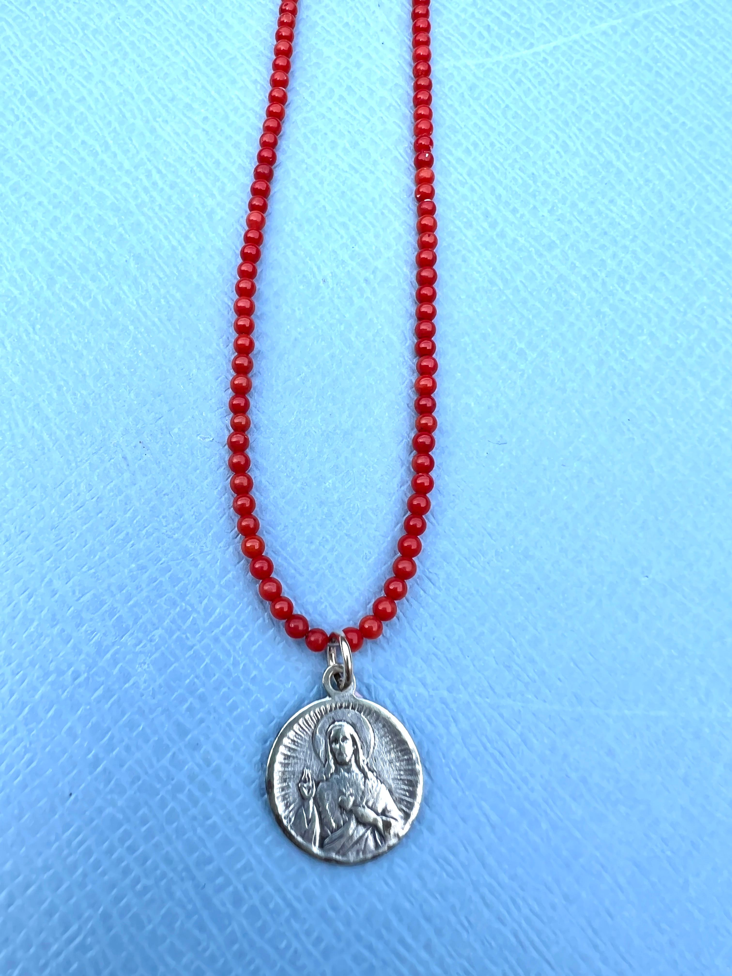 Contemporary Red Coral Necklace Virgo Carmel Medal Bead Choker For Sale