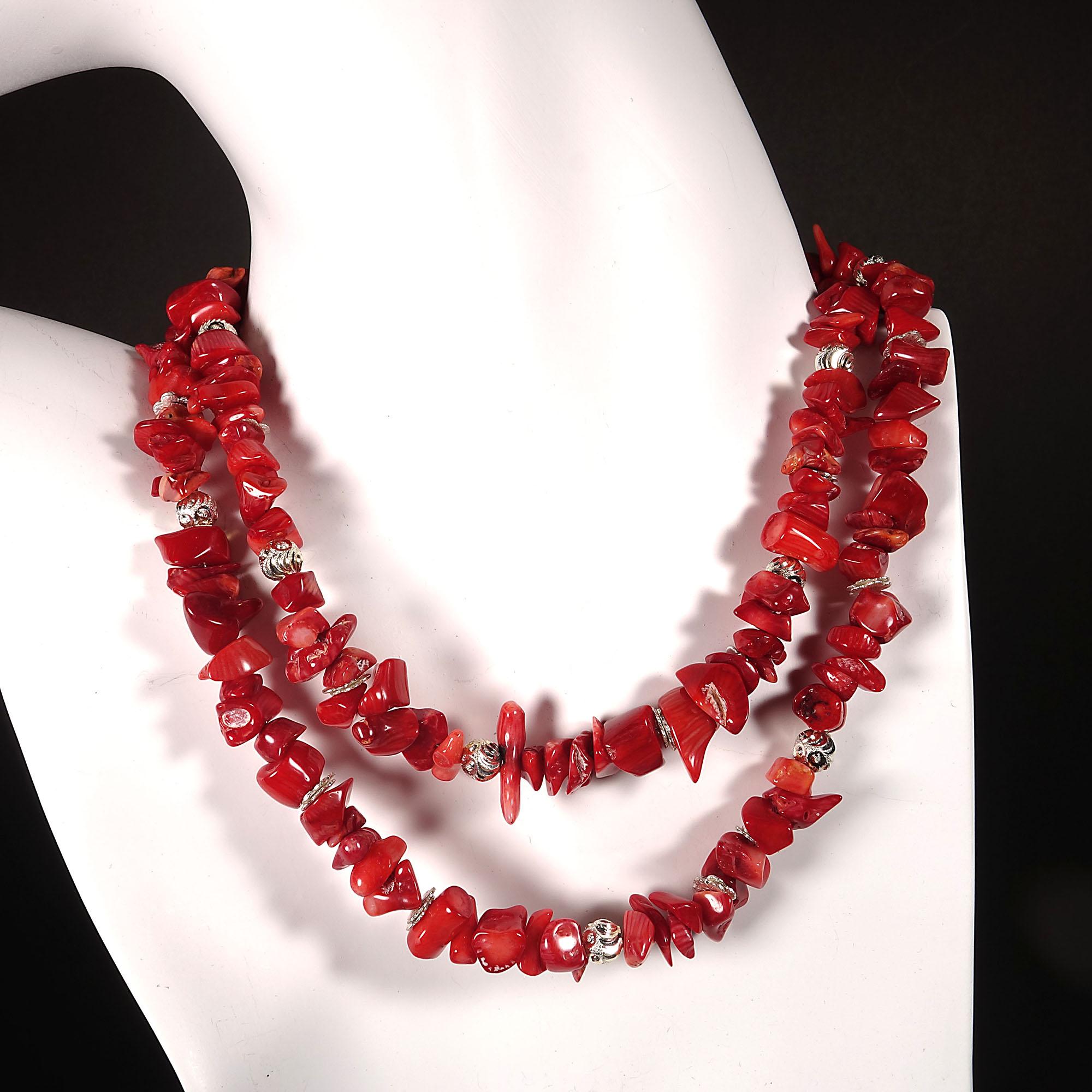 Bead AJD 27 Inch Red Coral Necklace with Silver accents