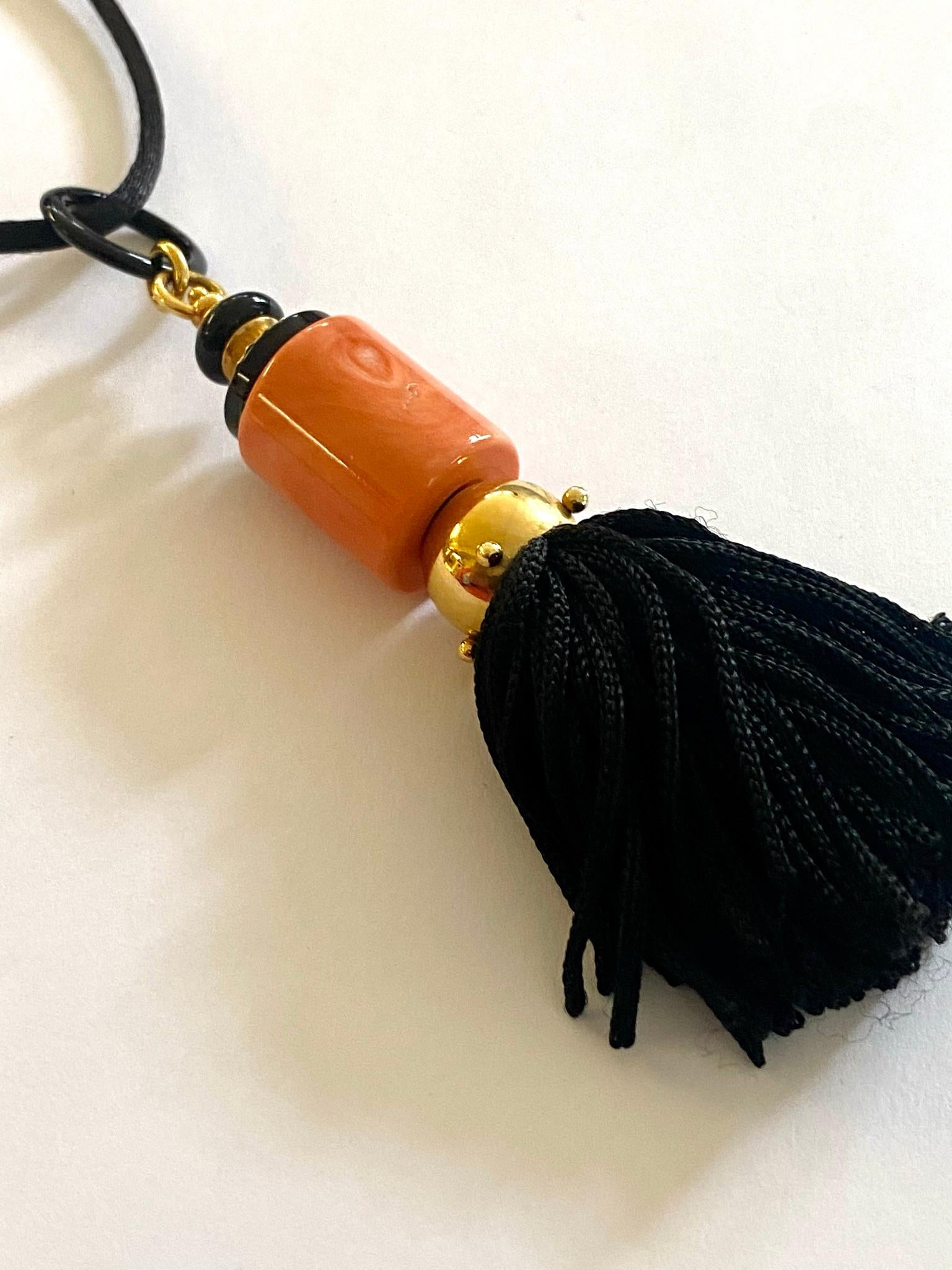 Round Cut Red Coral / Onix Pendant with a Silk Tassel, Loffredo Italy, Silk Necklace For Sale