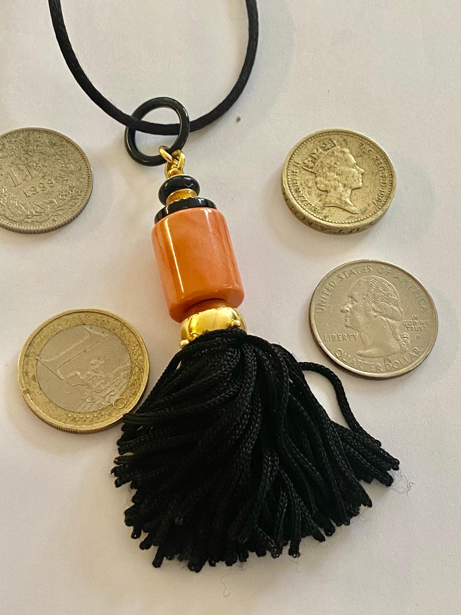 Women's or Men's Red Coral / Onix Pendant with a Silk Tassel, Loffredo Italy, Silk Necklace For Sale