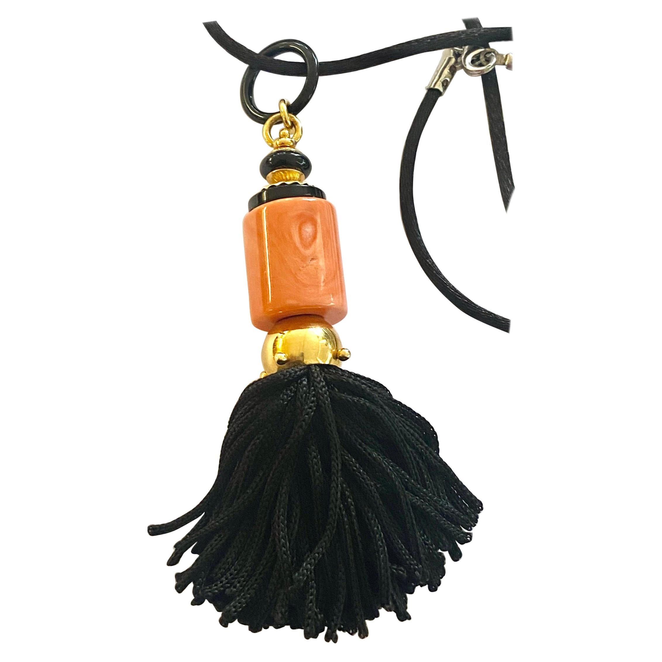 Red Coral / Onix Pendant with a Silk Tassel, Loffredo Italy, Silk Necklace For Sale