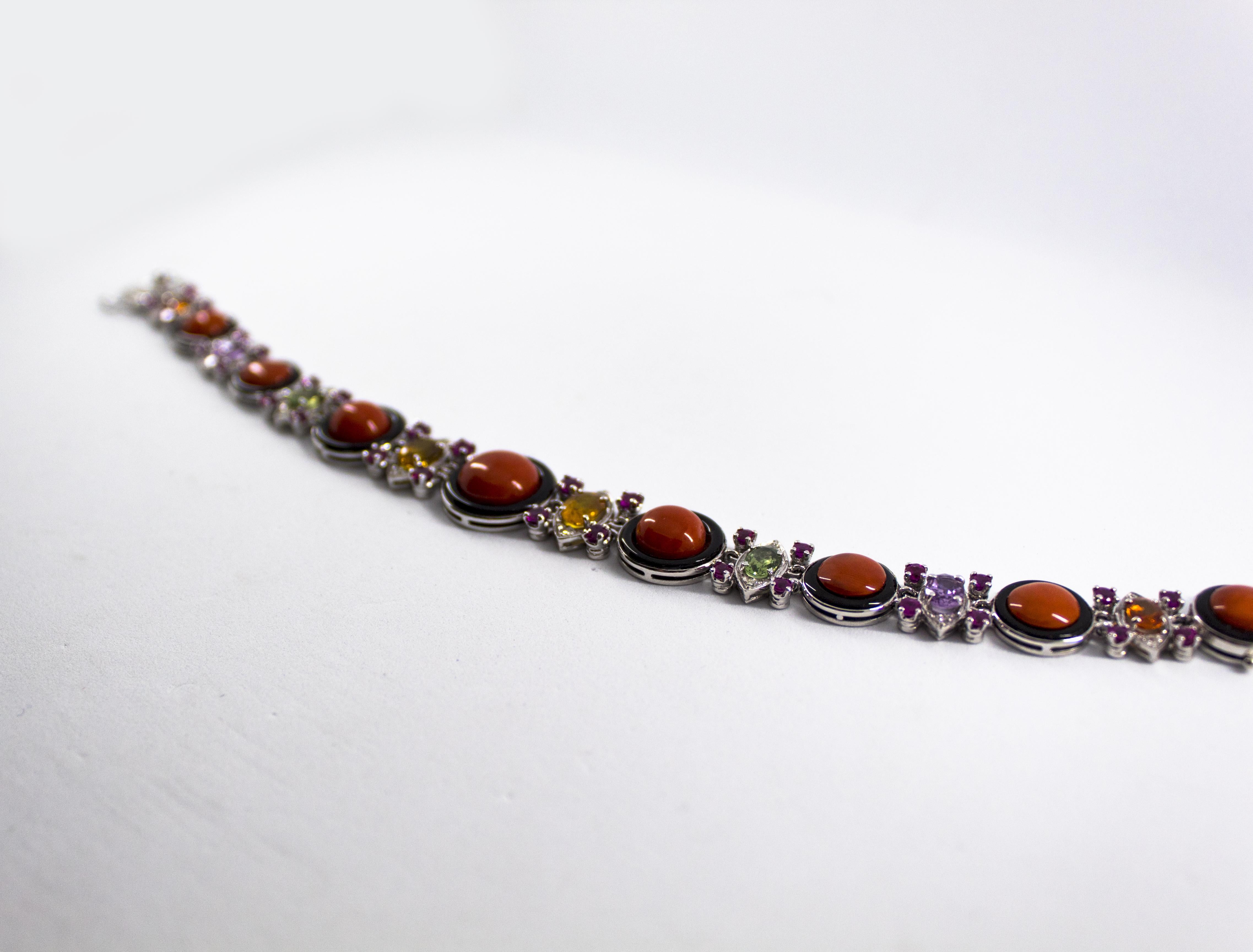 Red Coral Onyx 10.30 Carat Ruby Sapphire White Diamond White Gold Bracelet In New Condition In Naples, IT