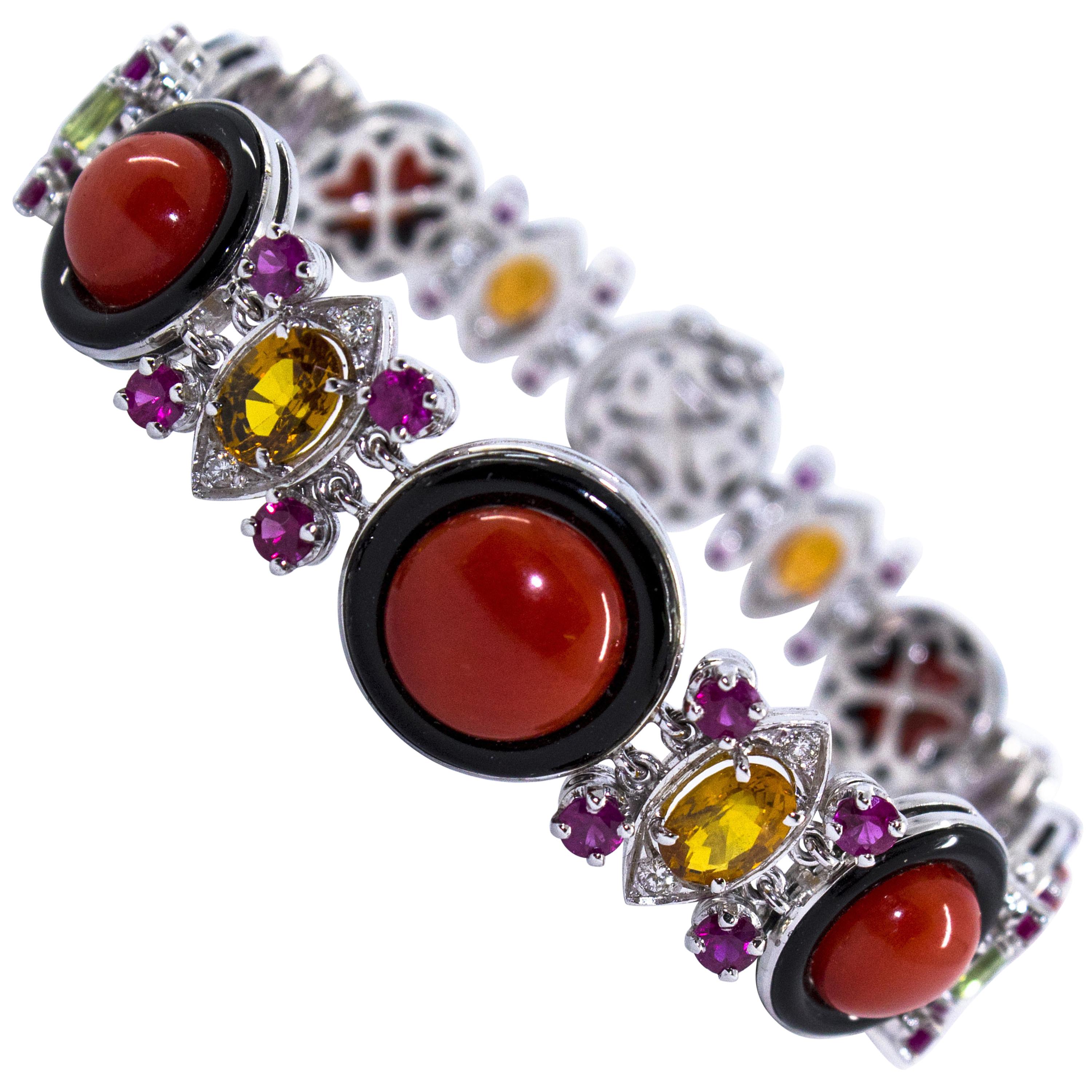 Red Coral Onyx 10.30 Carat Ruby Sapphire White Diamond White Gold Bracelet