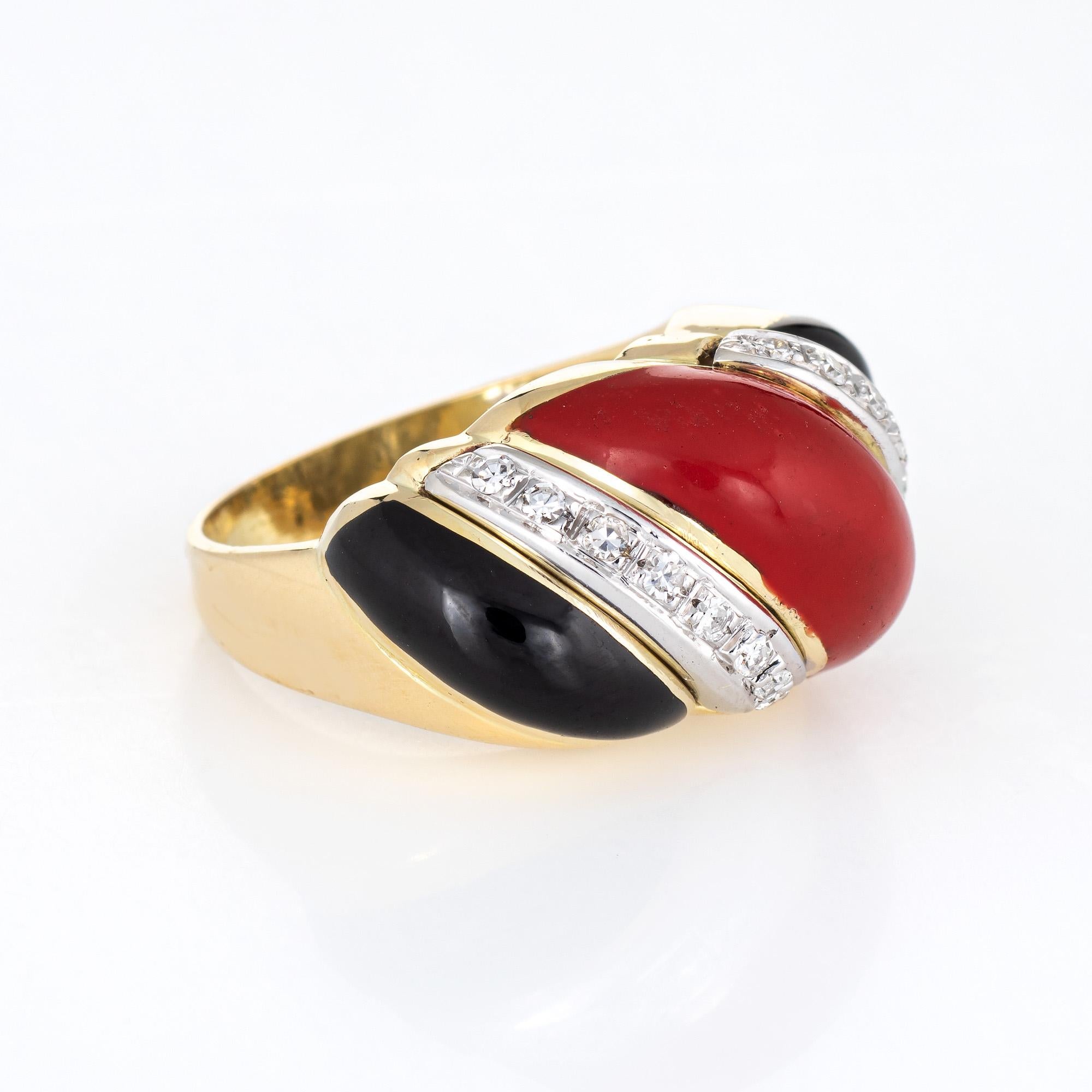 Modern Red Coral Onyx Diamond Ring Vintage 14k Yellow Gold Scrolled Band Jewelry Sz 5.5 For Sale