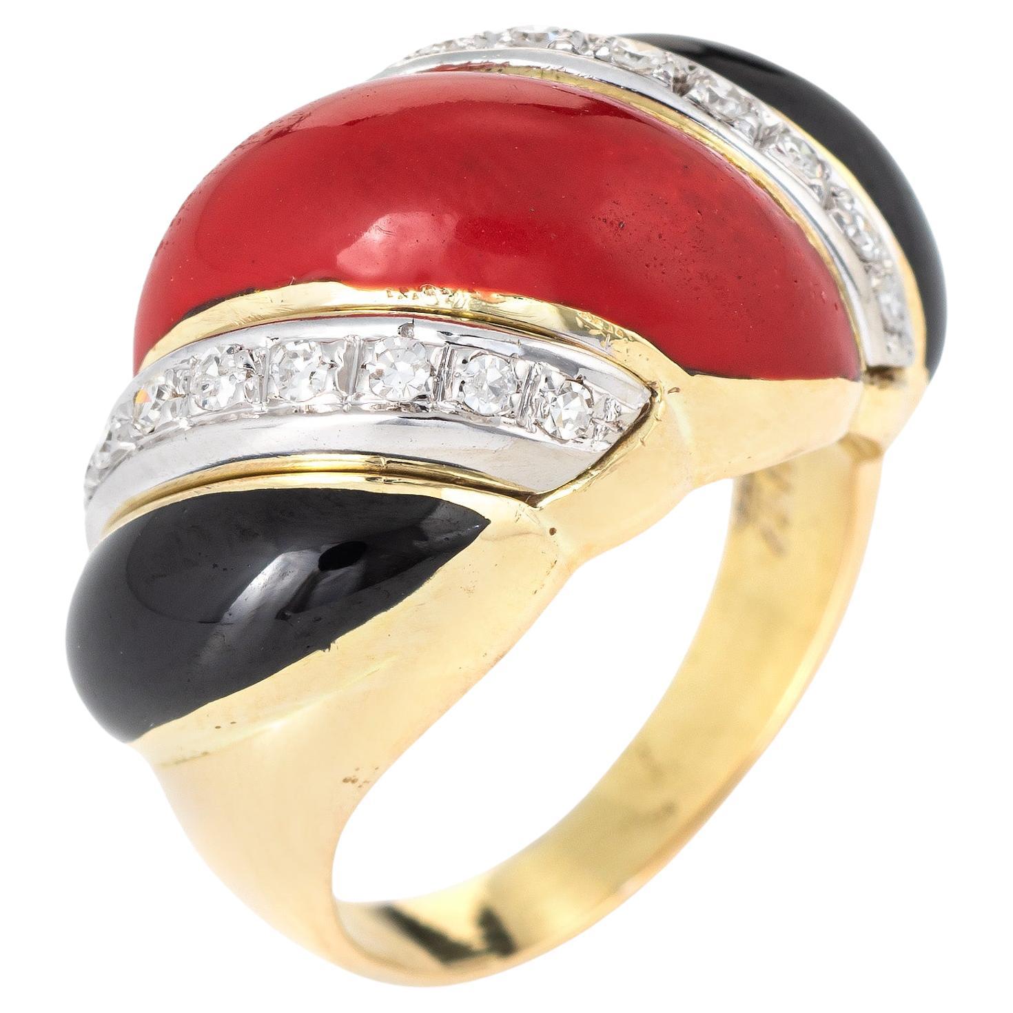Red Coral Onyx Diamond Ring Vintage 14k Yellow Gold Scrolled Band Jewelry Sz 5.5 For Sale