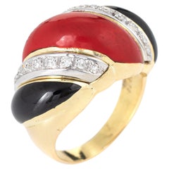 Red Coral Onyx Diamond Ring Retro 14k Yellow Gold Scrolled Band Jewelry Sz 5.5