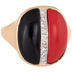 Red Coral Onyx Diamond Ring Vintage 14 Karat Gold Small Oval Cocktail Jewelry