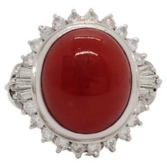 Used Red Coral Oval and Diamond Cocktail Ring in Platinum