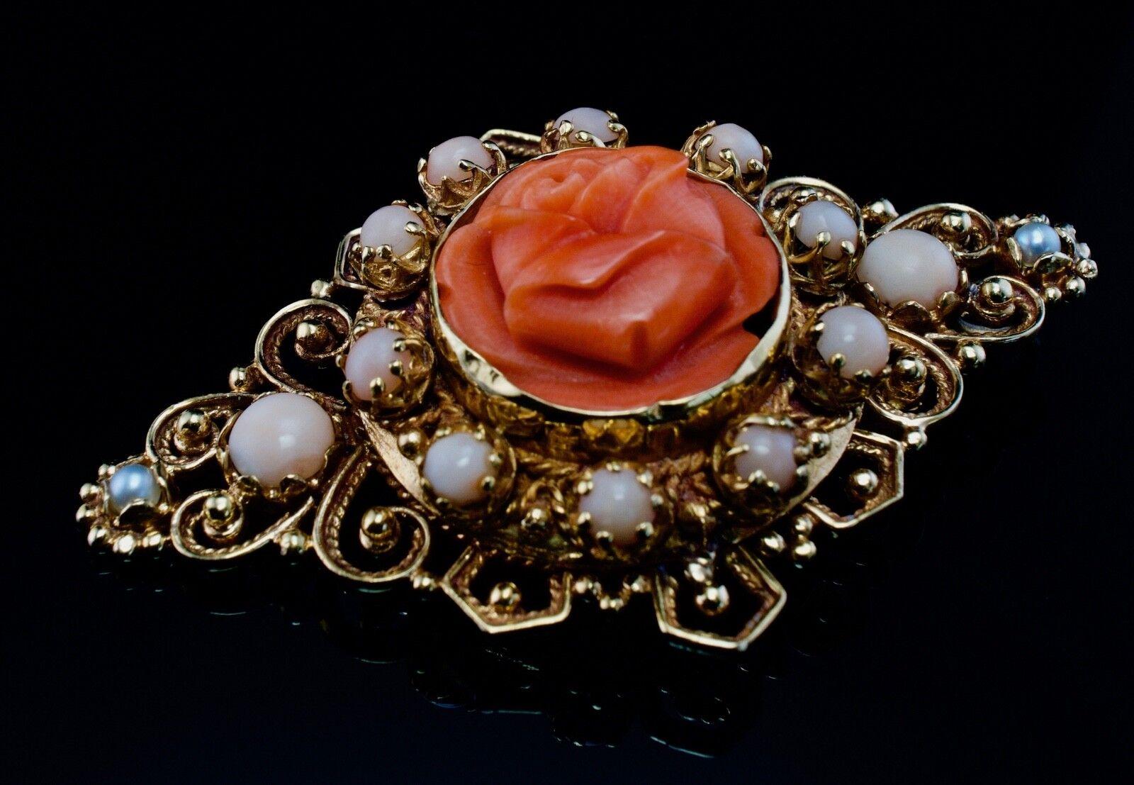 Cabochon Red Coral Pearl Rose Flower Pendant Brooch 14K Yellow Gold For Sale