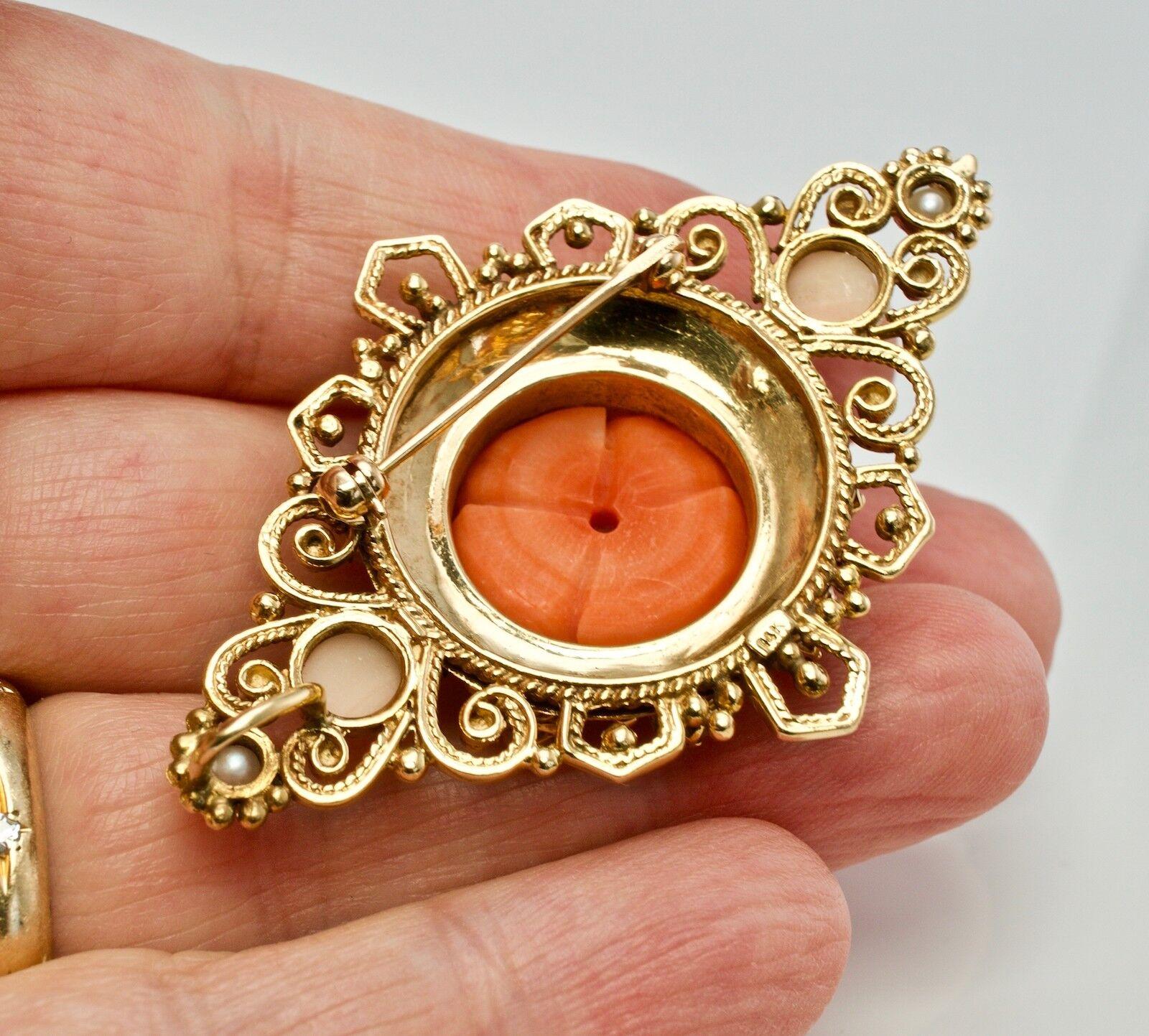 Red Coral Pearl Rose Flower Pendant Brooch 14K Yellow Gold In Good Condition For Sale In East Brunswick, NJ
