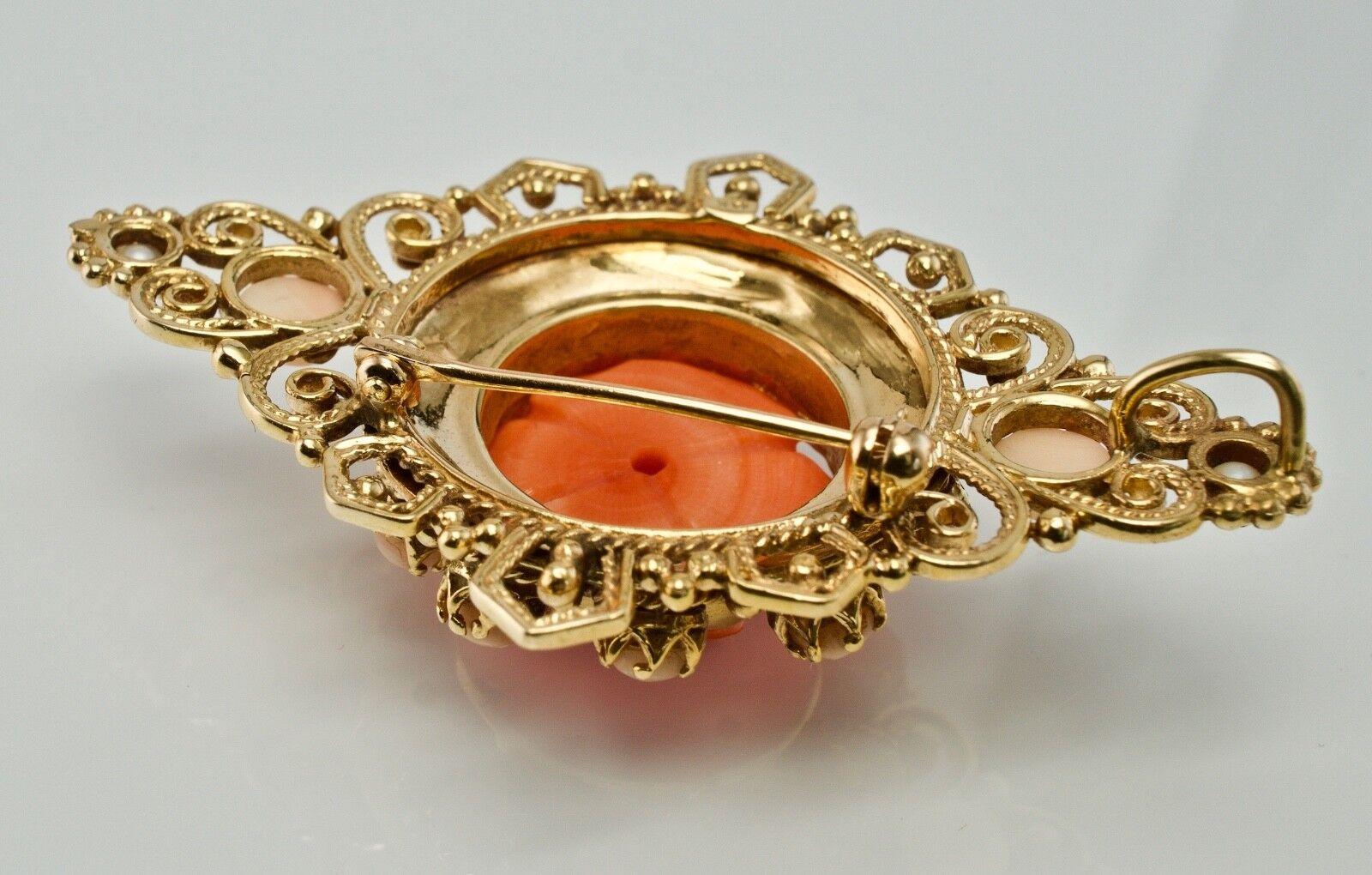 Red Coral Pearl Rose Flower Pendant Brooch 14K Yellow Gold For Sale 1