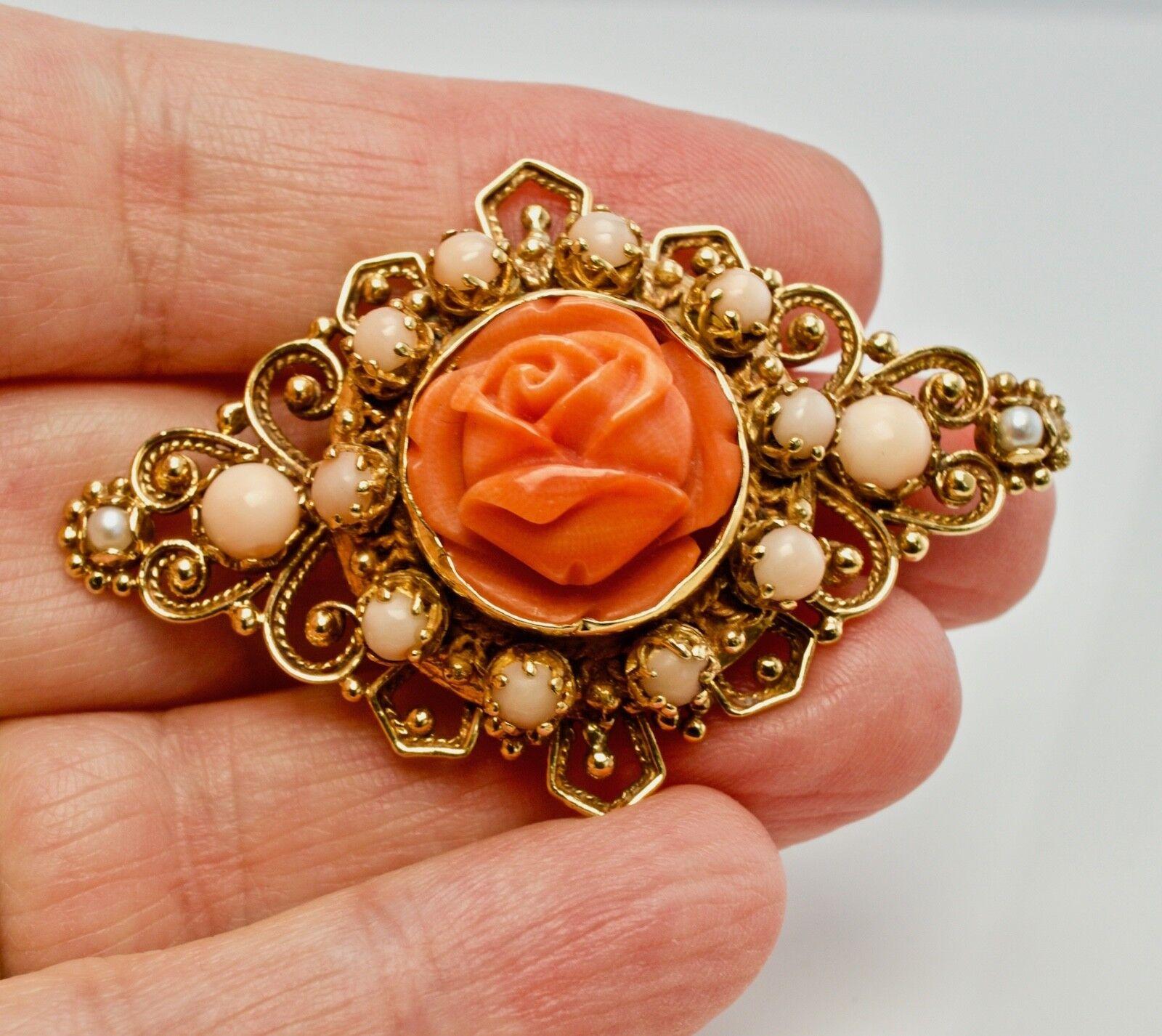 Red Coral Pearl Rose Flower Pendant Brooch 14K Yellow Gold For Sale 2