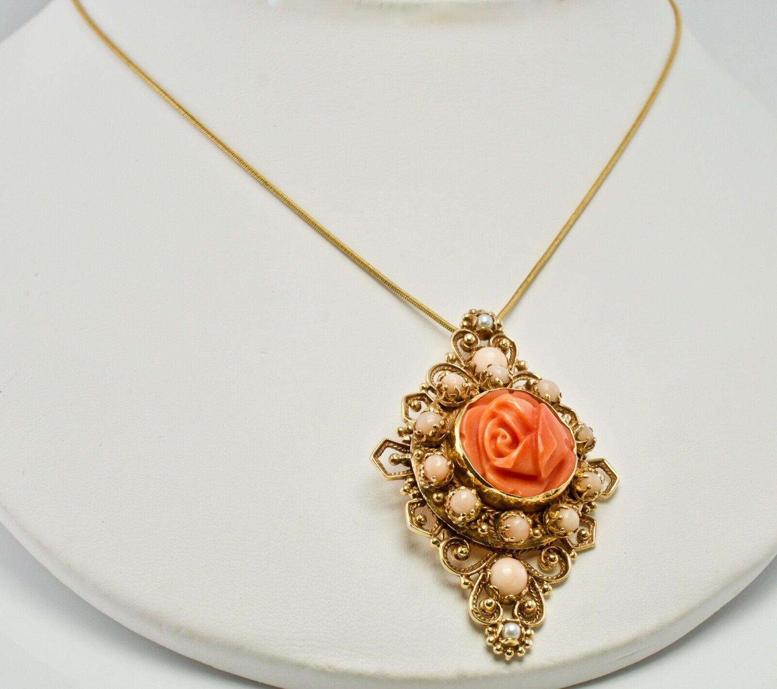 Red Coral Pearl Rose Flower Pendant Brooch 14K Yellow Gold For Sale 3
