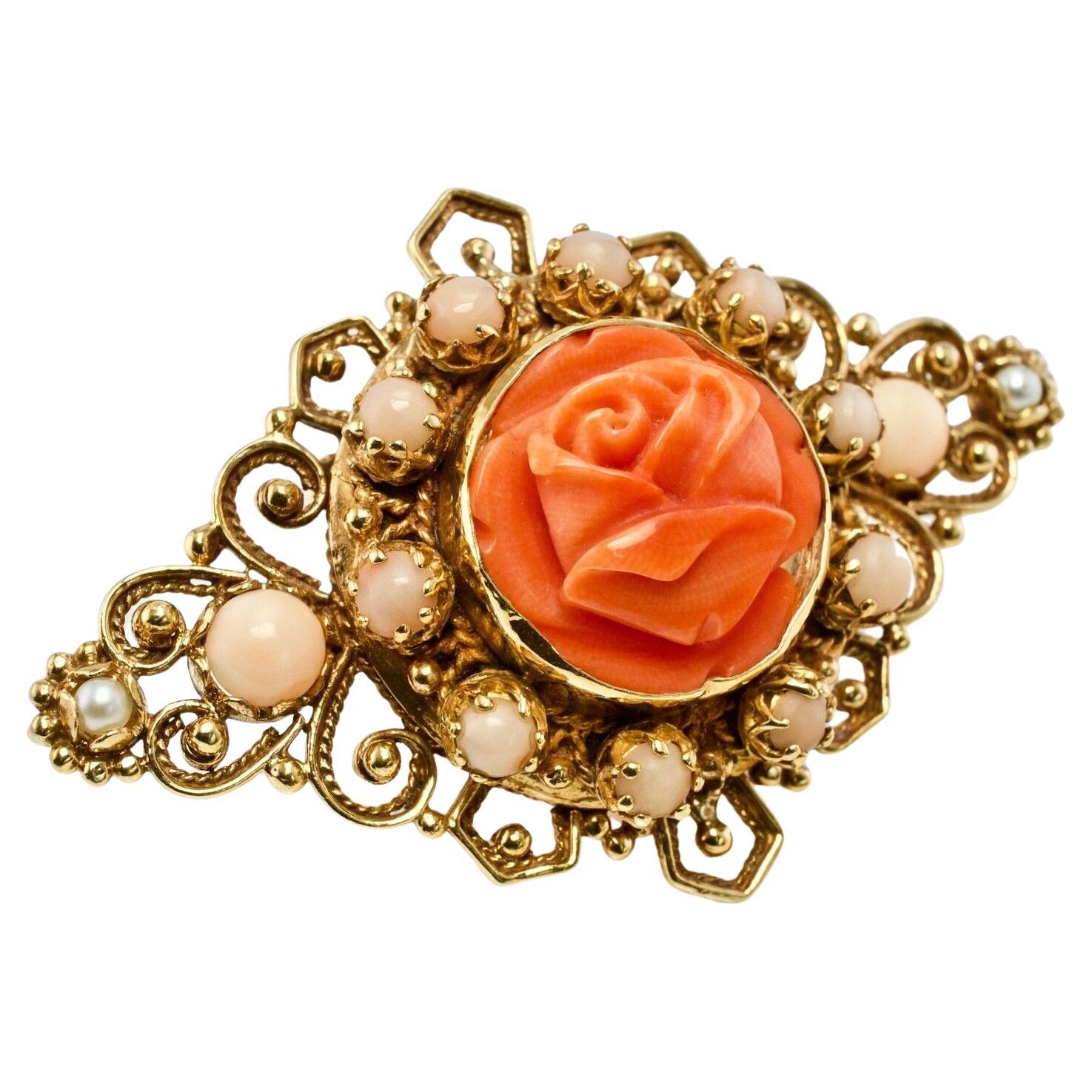 Red Coral Pearl Rose Flower Pendant Brooch 14K Yellow Gold For Sale
