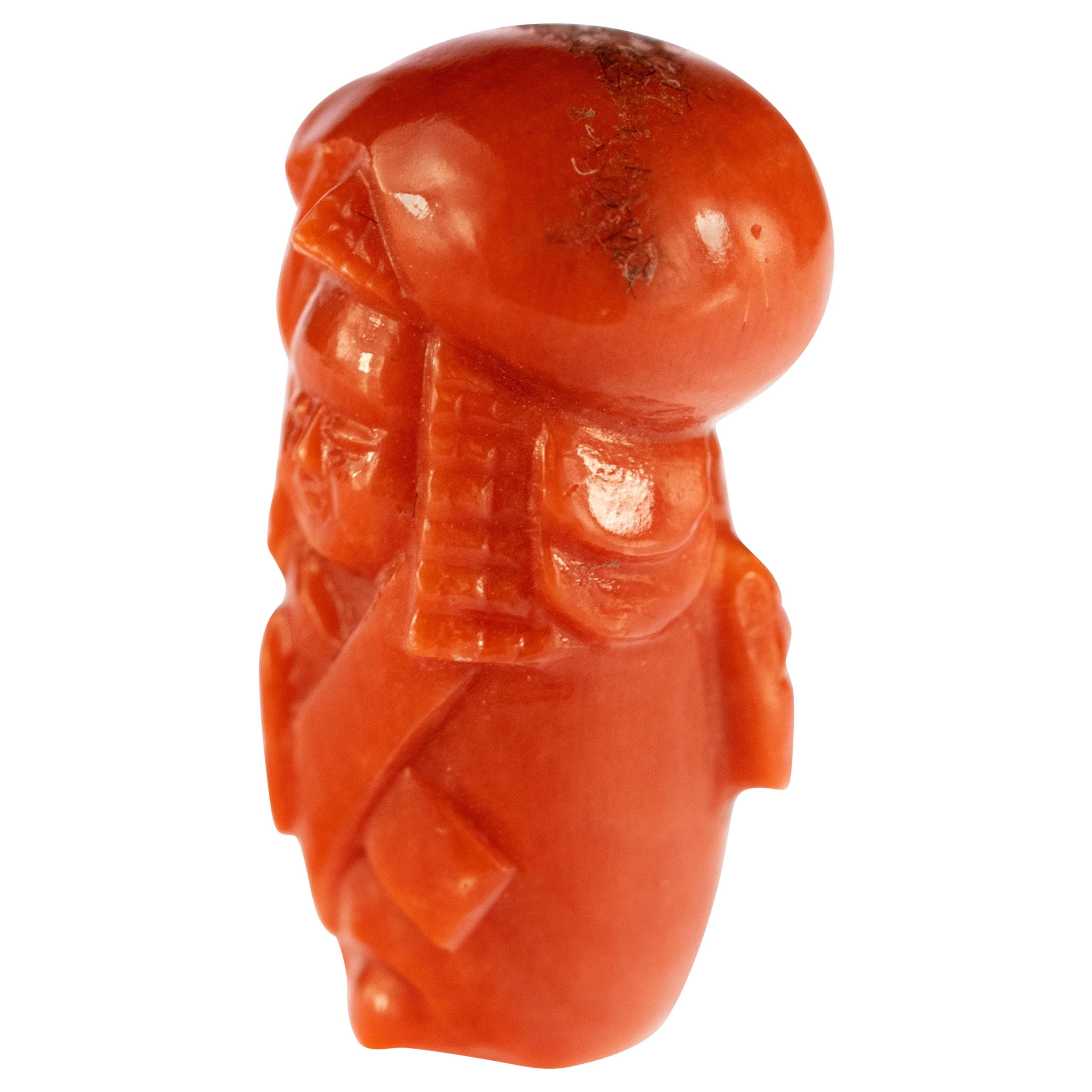 Red Coral Peasant Hand Carved Asian Art Home Decor Taiwan Statue Sculpture For Sale