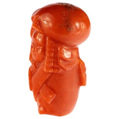 Red Coral Peasant Hand Carved Asian Art Home Decor Taiwan Statue Sculpture