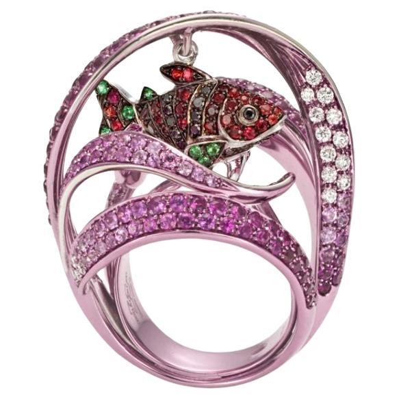 Red Coral Reef Fish Ring in Pink E-Coated 18k White Gold For Sale