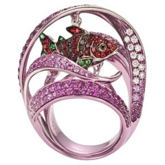 Red Coral Reef Fish Ring in Pink E-Coated 18k White Gold