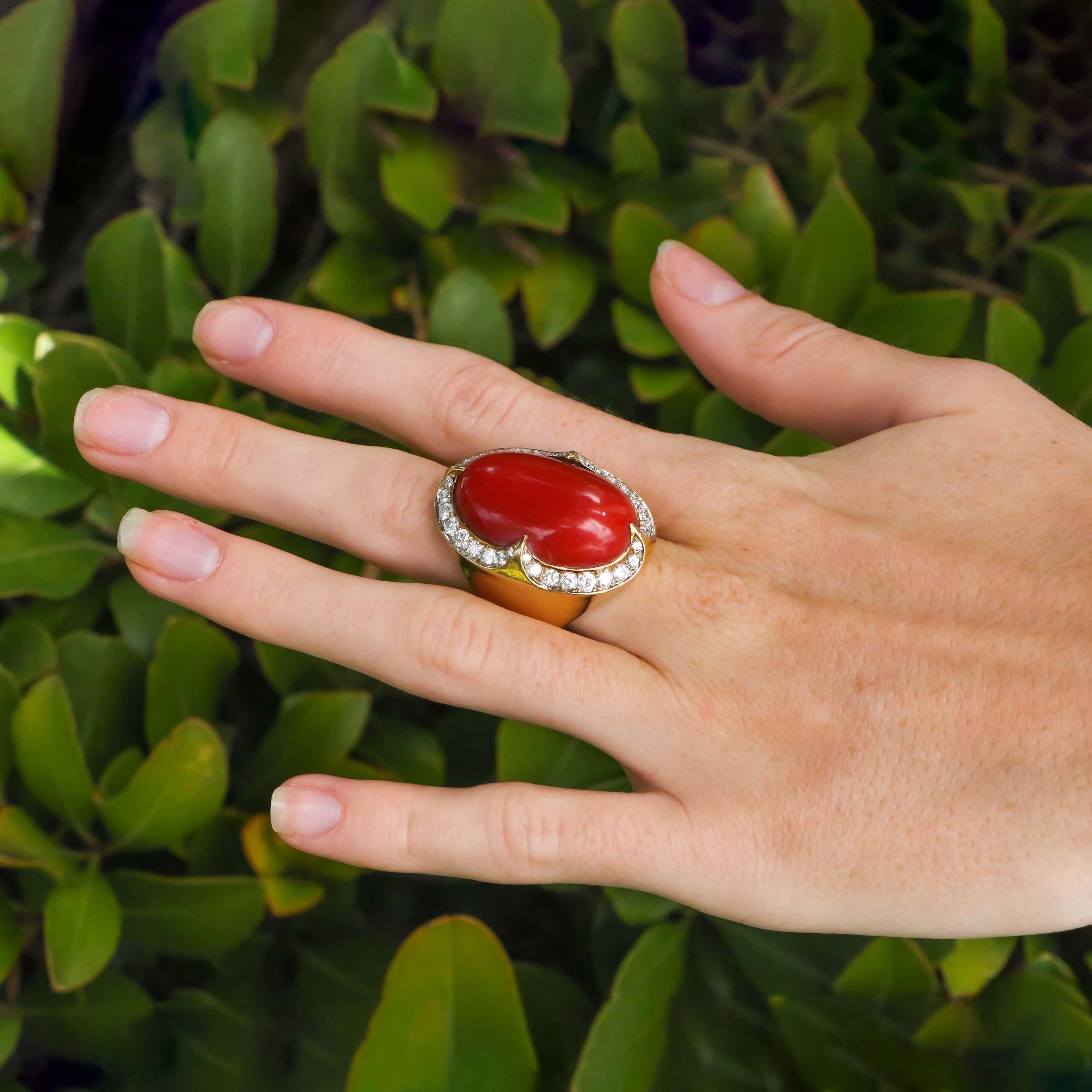 Coming from an eccentric estate in Chicago. This ring presents a bold rare ox blood coral at its center, with four gold prongs. This rings coral is surrounded with hand-set white diamonds, each diamond sparkles brightly creating a center stage for