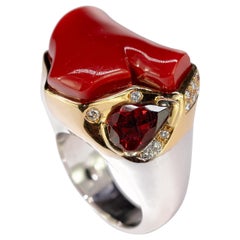 Coral Garnet Diamond 18 Karat Yellow White Gold Italian Handmade Cocktail Ring