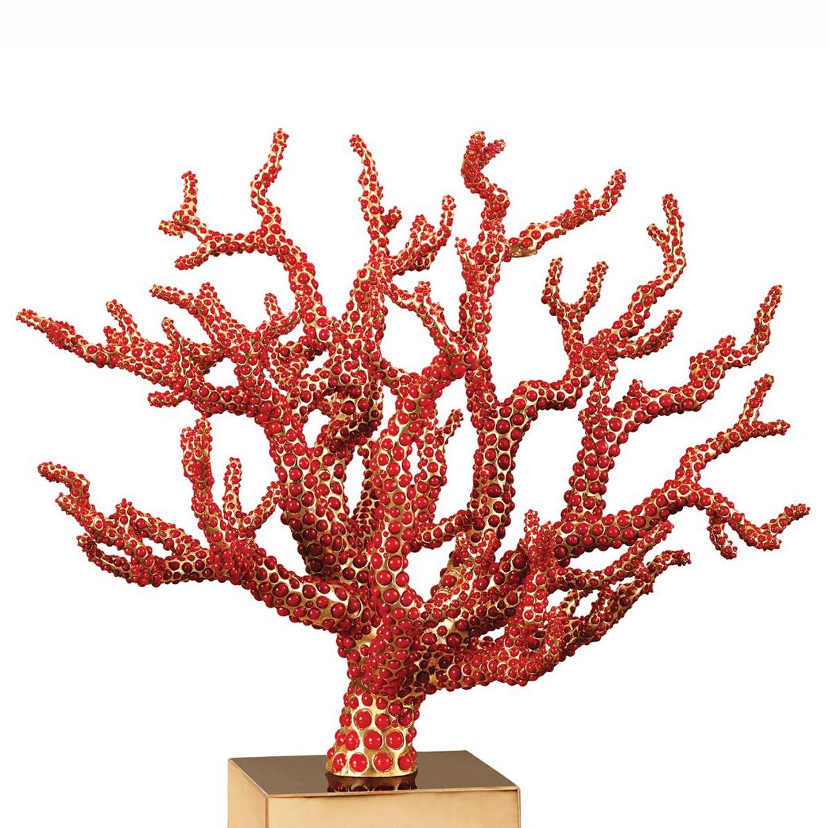 Sculpture corail rouge sculpture artisanale
avec plus de 800 cabochons rouges placés à la main. 
Avec structure et base en laiton massif plaqué or 
24 carats. Pièce exceptionnelle en édition limitée.
