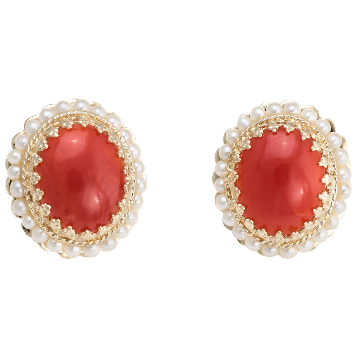 Red Coral Seed Pearl Earrings Oval Stud 14 Karat Yellow Gold Estate Fine Jewelry