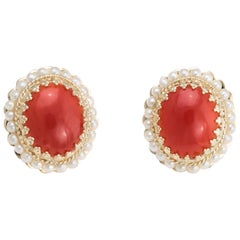 Red Coral Seed Pearl Earrings Oval Stud 14 Karat Yellow Gold Estate Fine Jewelry