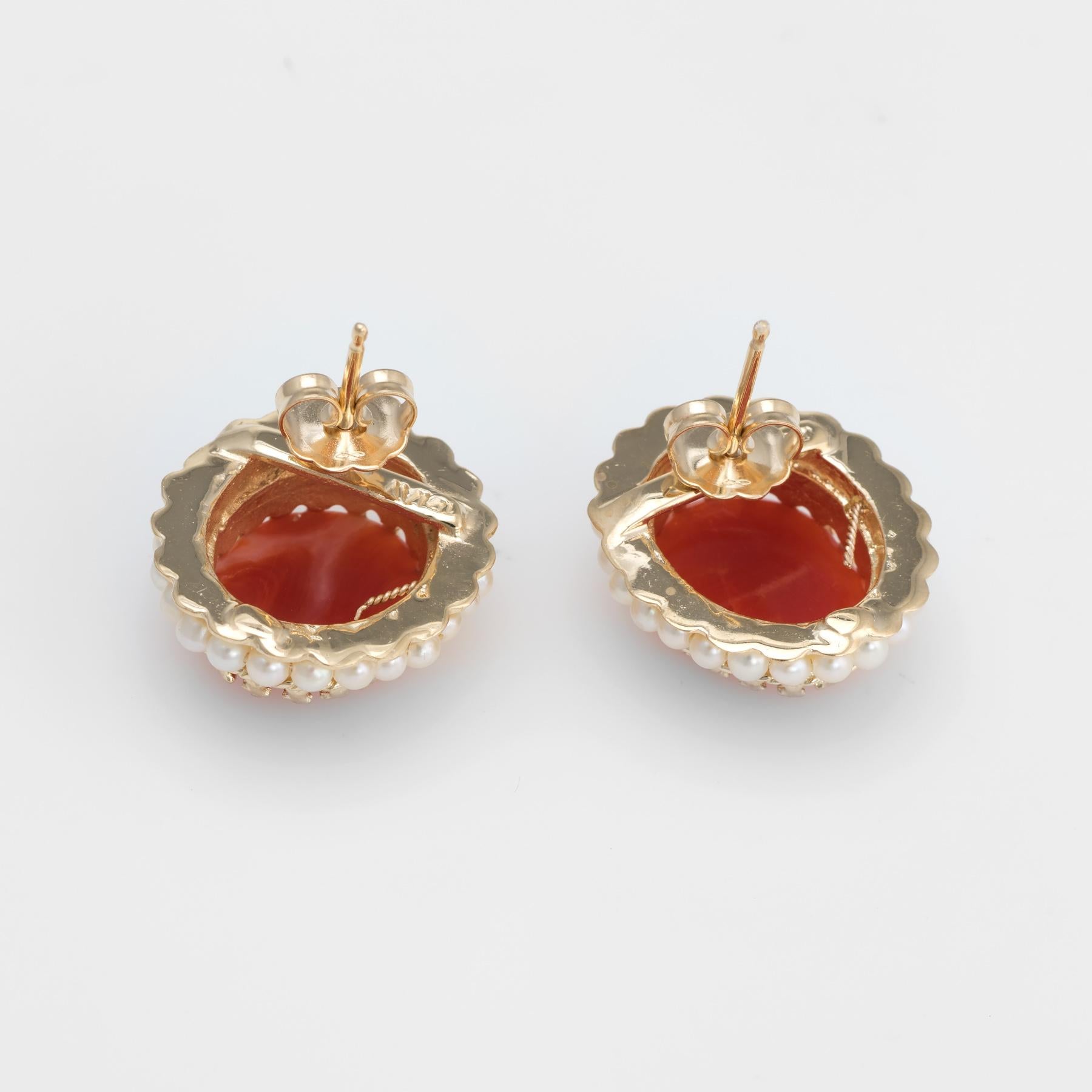 Modern Red Coral Seed Pearl Earrings Oval Stud 14 Karat Yellow Gold Estate Fine Jewelry