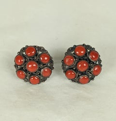 Red Coral Silver Filigree Button Earclips