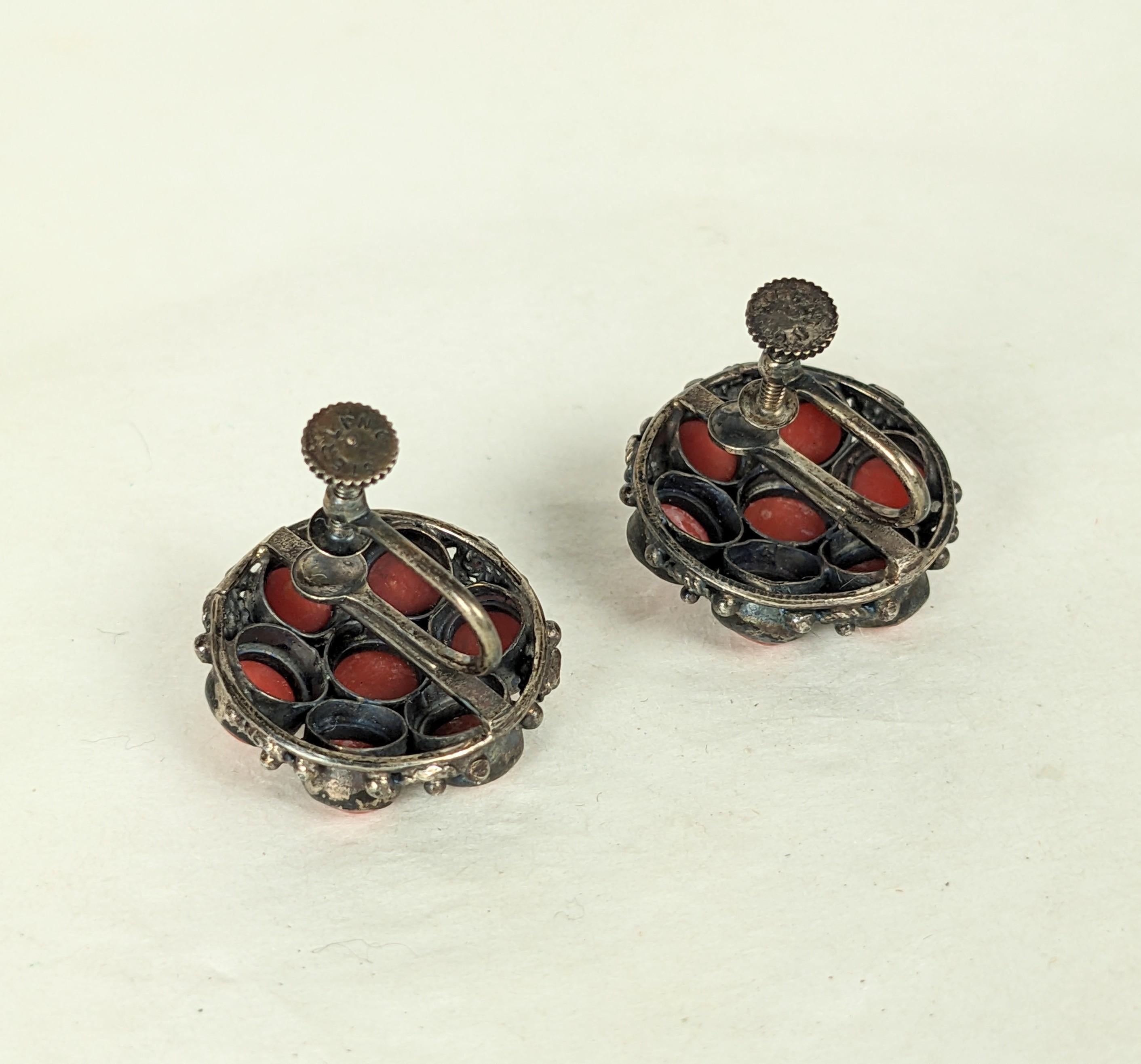 Artisan Red Coral Silver Filigree Button Earclips For Sale
