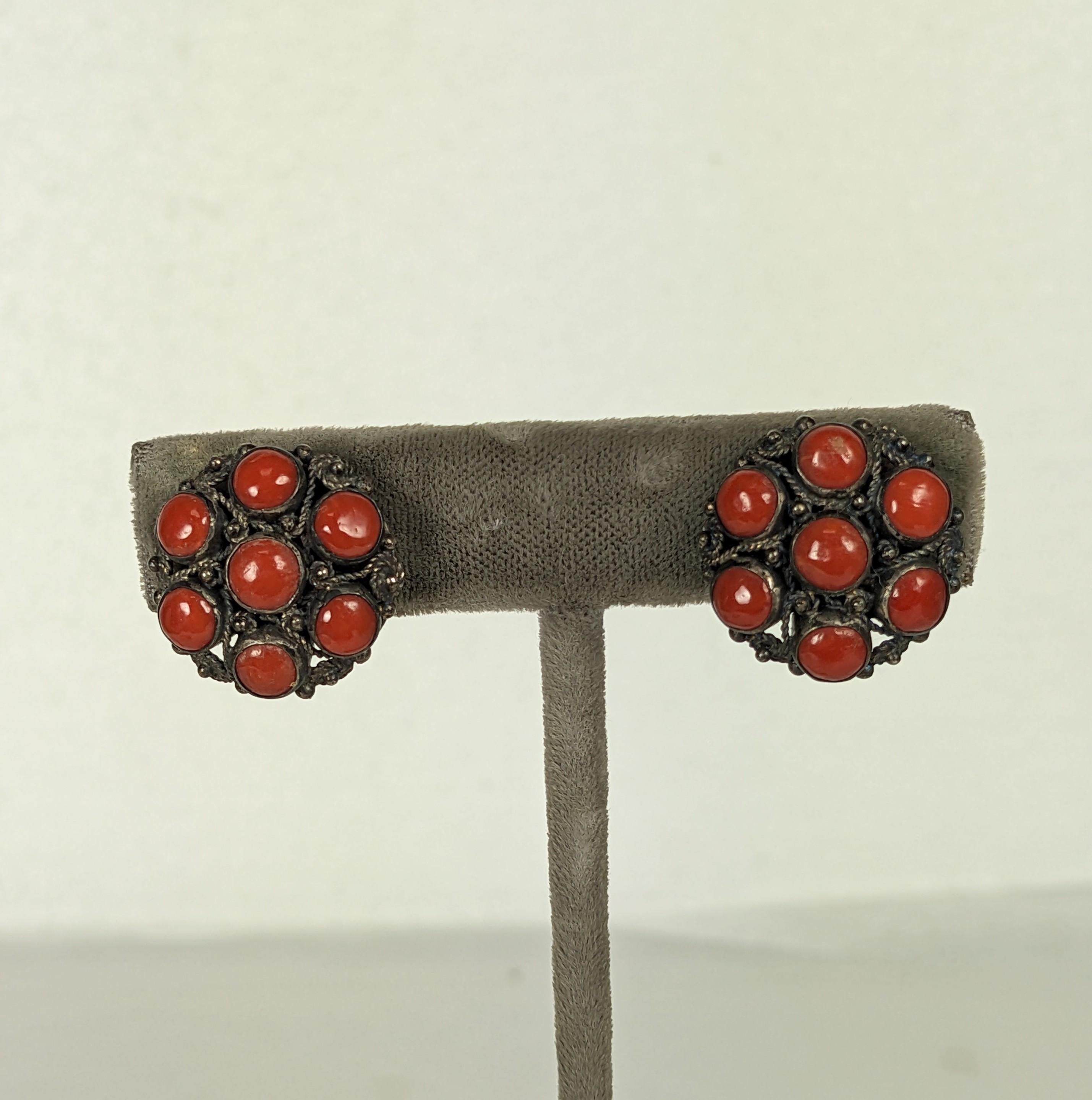 Cabochon Red Coral Silver Filigree Button Earclips For Sale