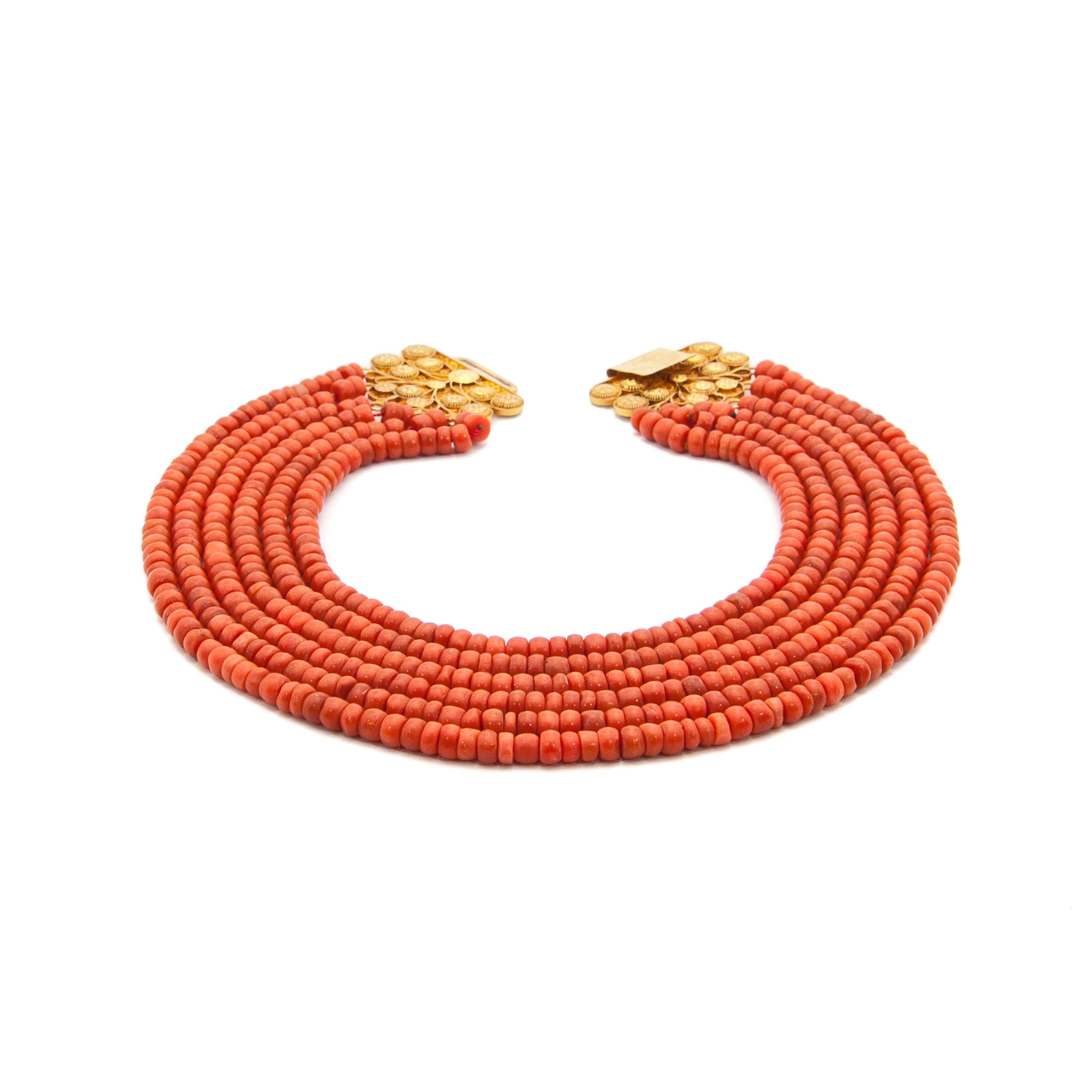 Women's Antique Red Coral 18 Karat Gold Multi-Strand Necklace, Netherlands For Sale