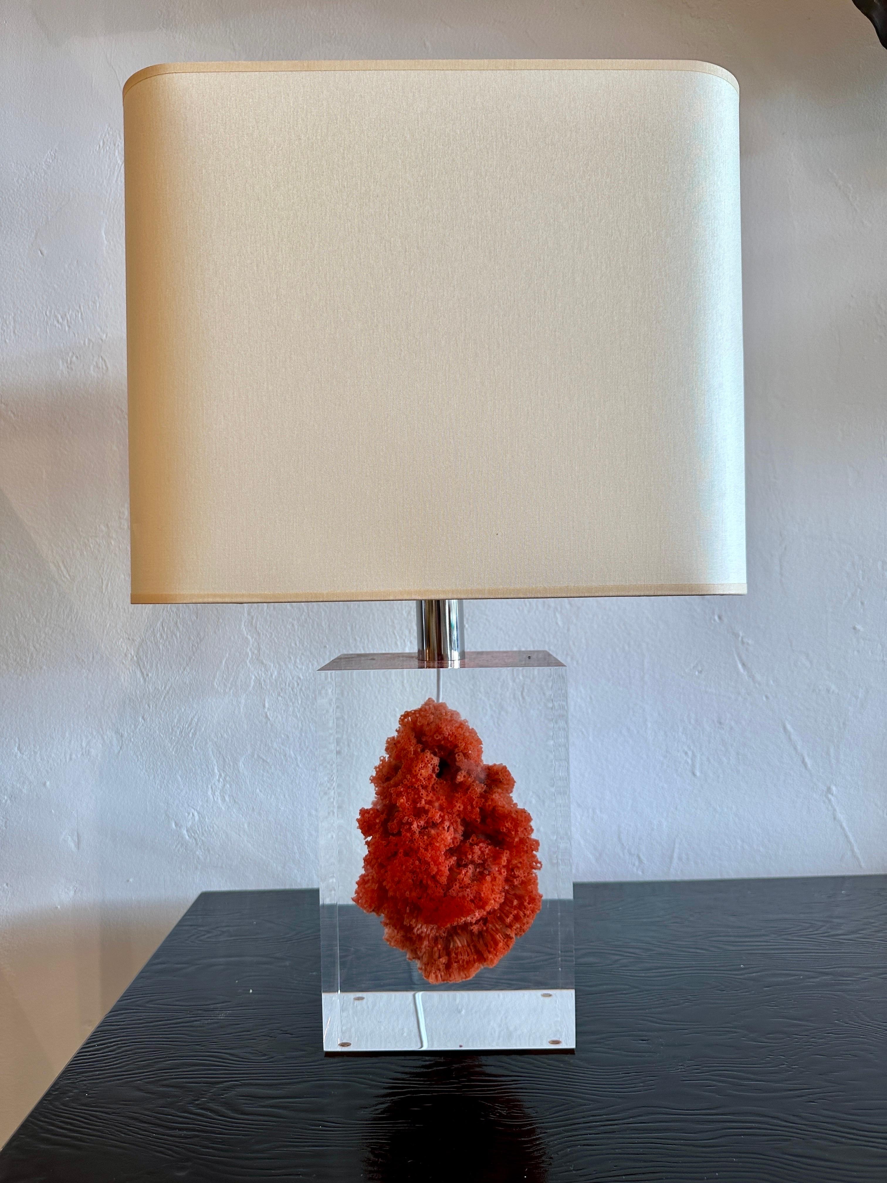 Post-Modern Red Coral Specimen Floating in Lucite Block Table Lamp