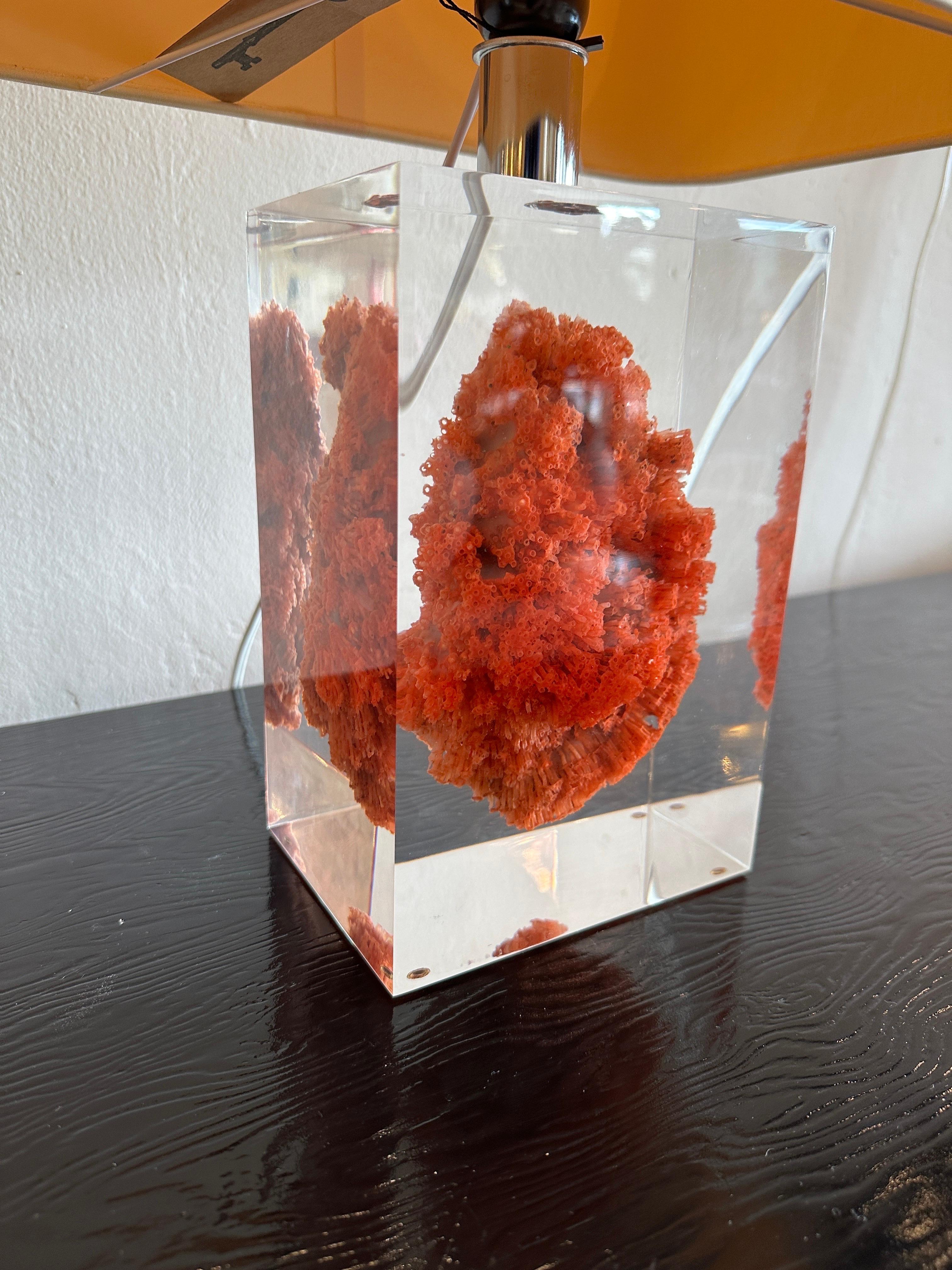 French Red Coral Specimen Floating in Lucite Block Table Lamp