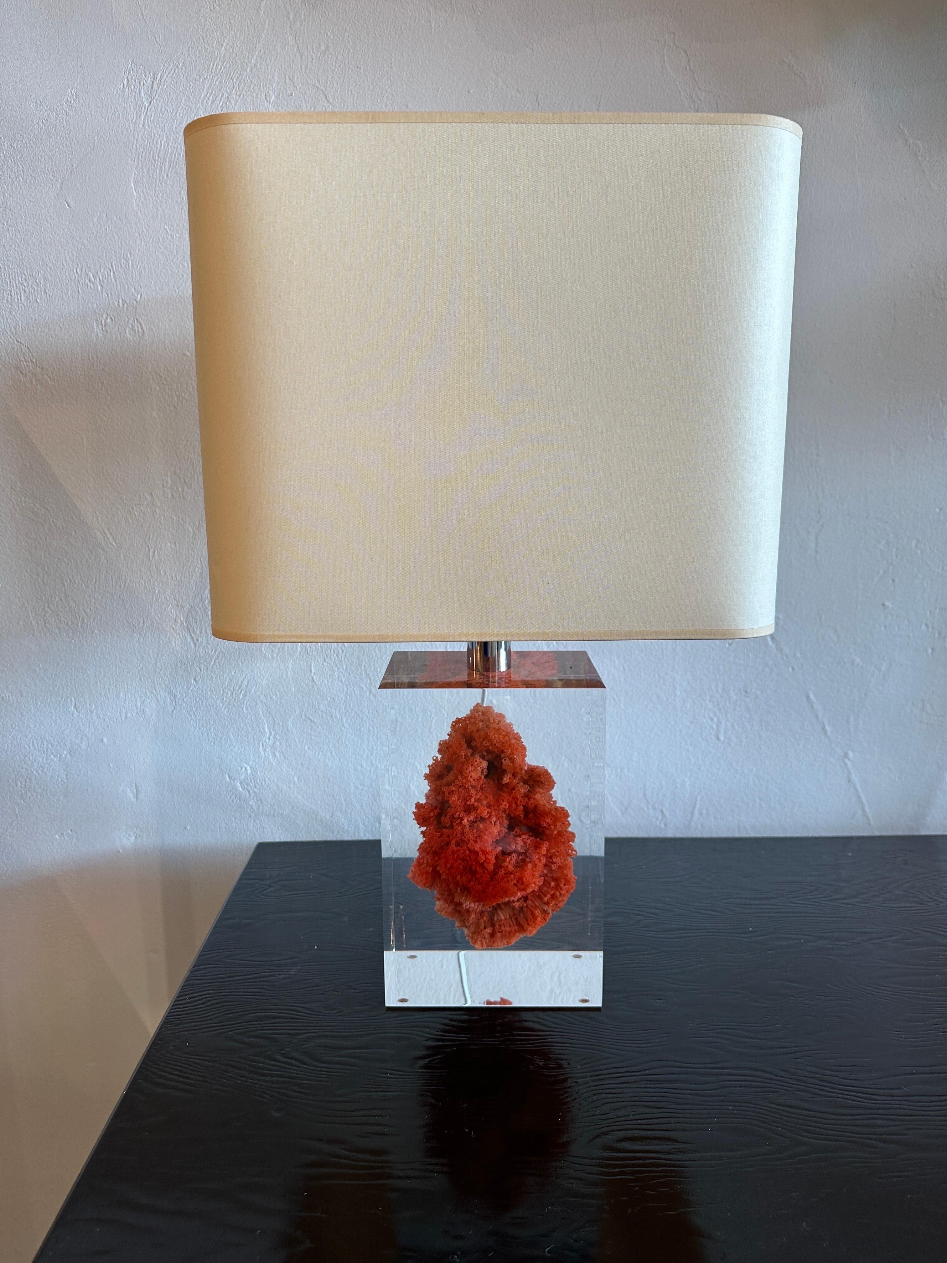20th Century Red Coral Specimen Floating in Lucite Block Table Lamp