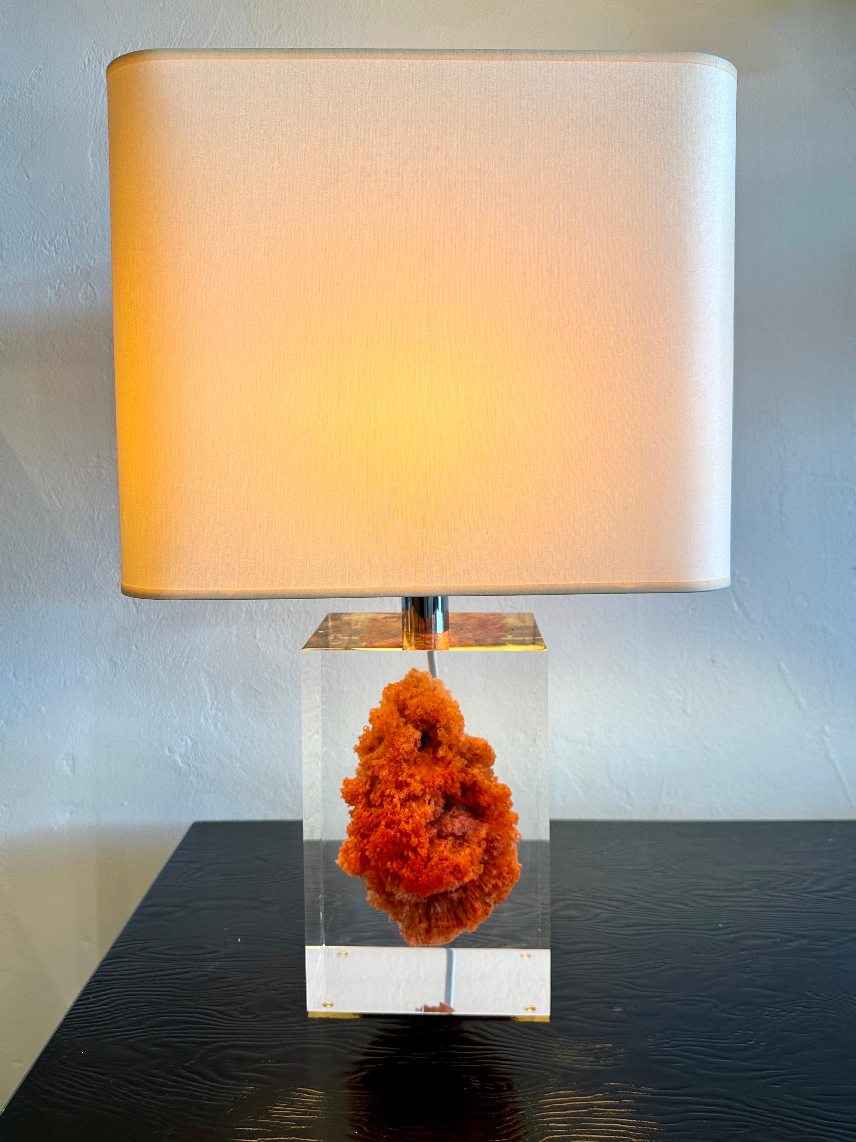 Red Coral Specimen Floating in Lucite Block Table Lamp 1
