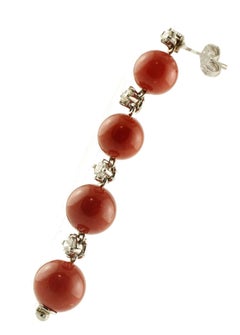 Red Coral Spheres, White Diamonds, 14 Karat White Gold Dangle Earrings