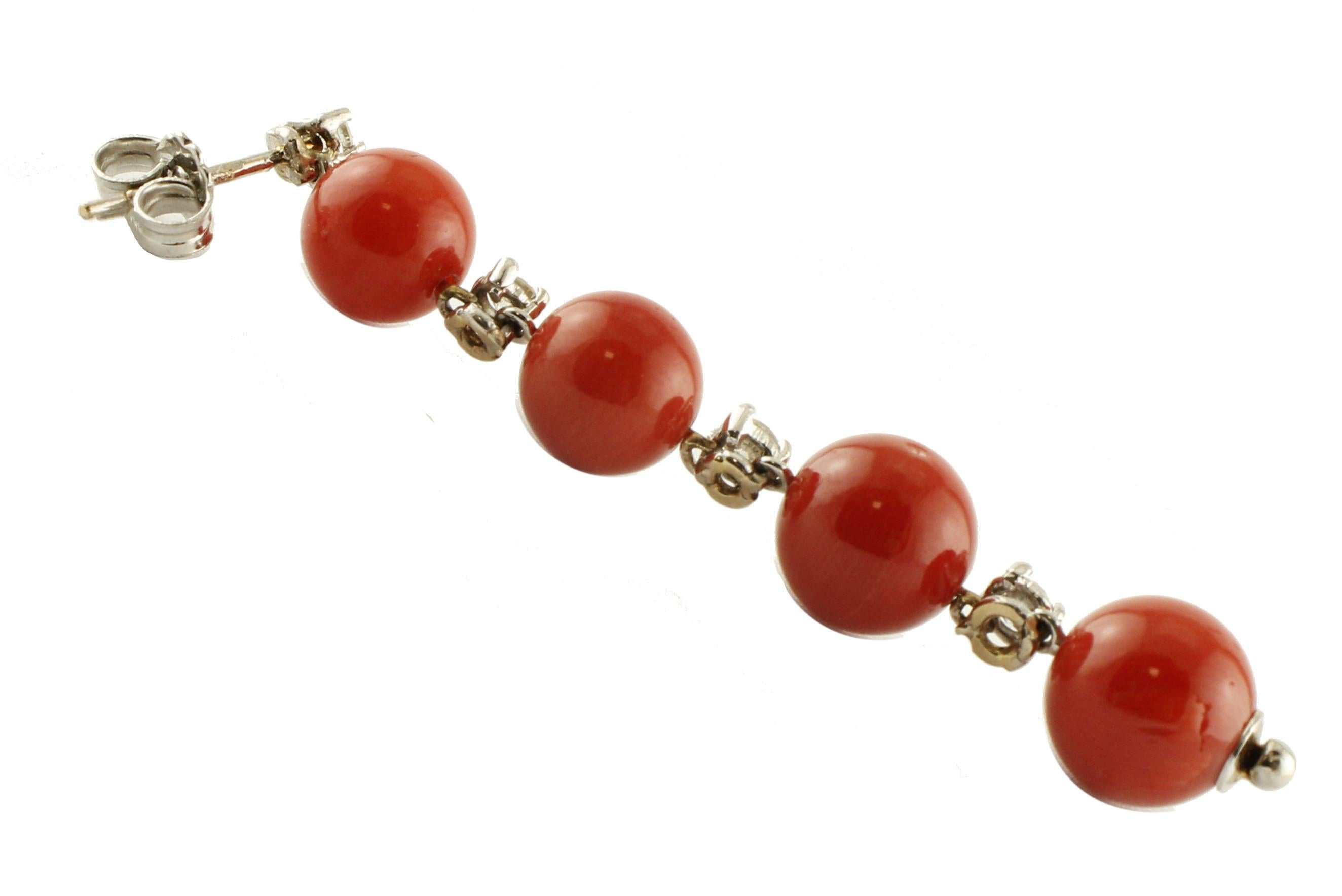 Modern Red Coral Spheres, White Diamonds, 14 Karat White Gold Dangle Earrings