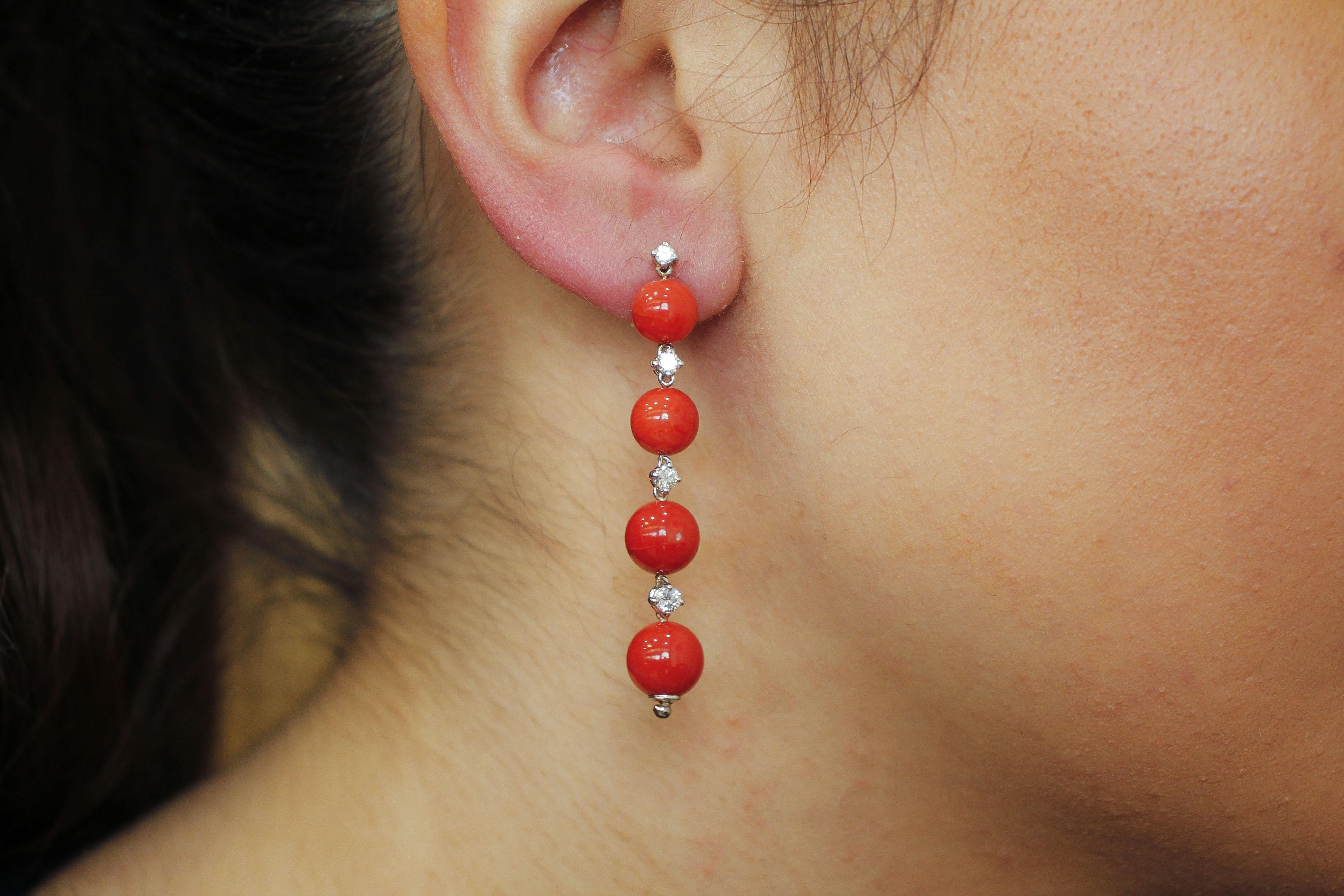 Women's Red Coral Spheres, White Diamonds, 14 Karat White Gold Dangle Earrings