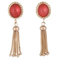 Red Coral Tassel Earrings 14k Yellow Gold Fringe Drops Estate Fine Jewelry