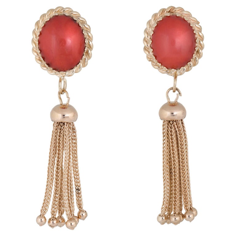 Red Coral Tassel Earrings 14k Yellow Gold Fringe Drops Estate Fine Jewelry For Sale at 1stDibs