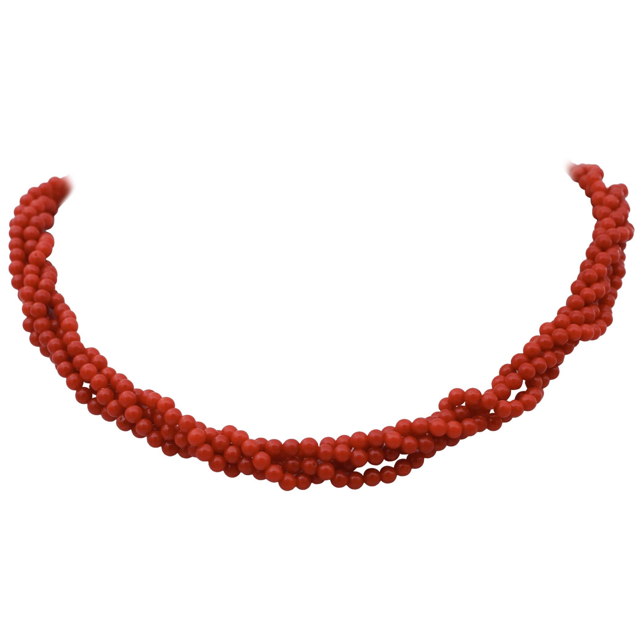 Red Coral Torchon Necklace with 18 Karat Yellow Gold Closure