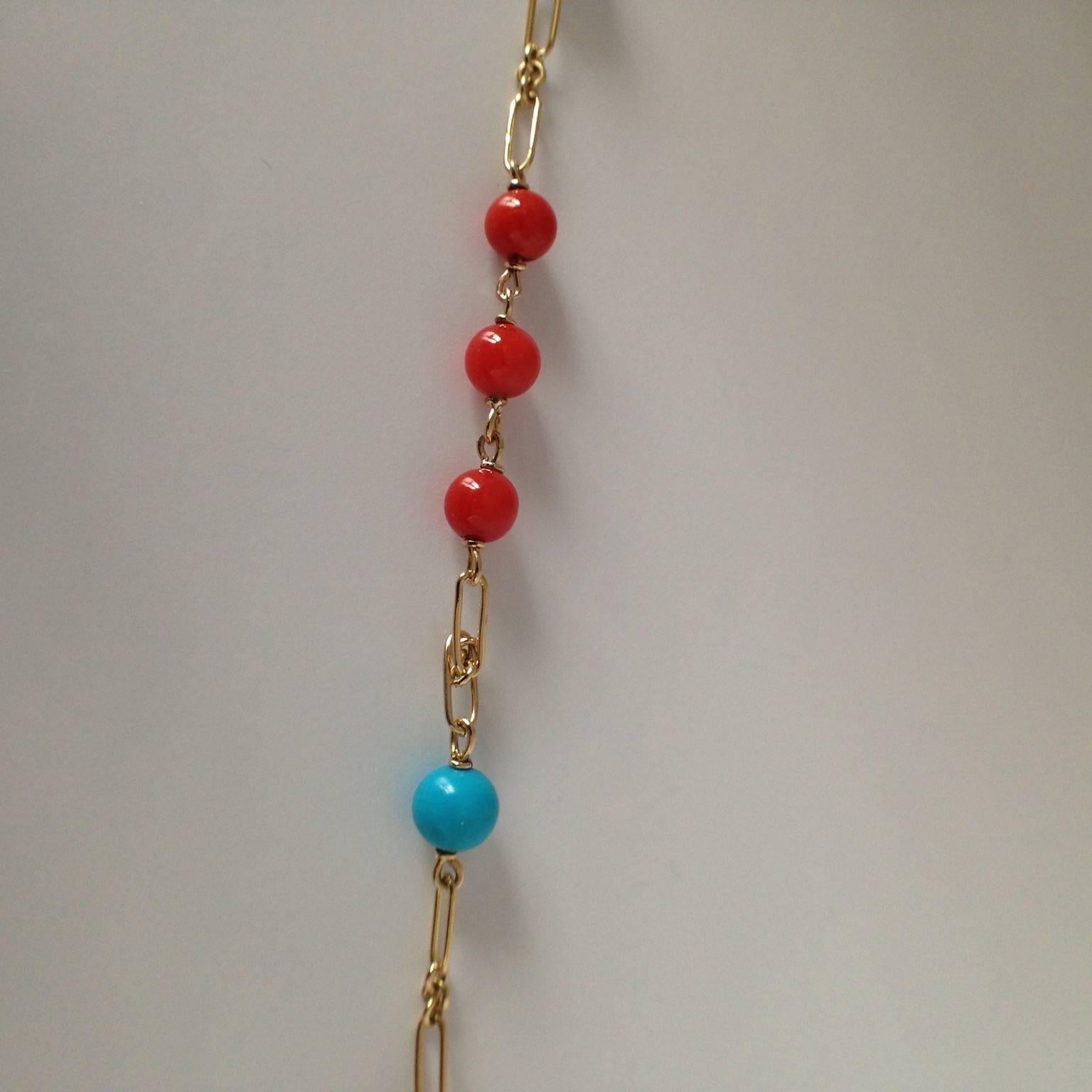 Red Coral Turquoise Bead Handmade Gold Bracelet In New Condition In Bussolengo, Verona