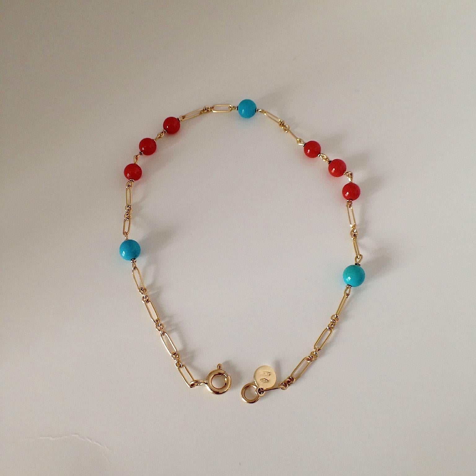 Women's Red Coral Turquoise Bead Handmade Gold Bracelet