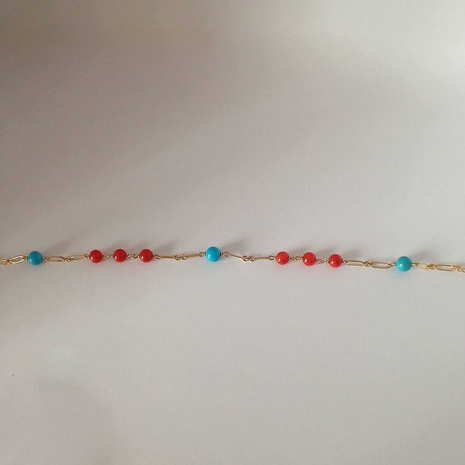 Red Coral Turquoise Bead Handmade Gold Bracelet 1