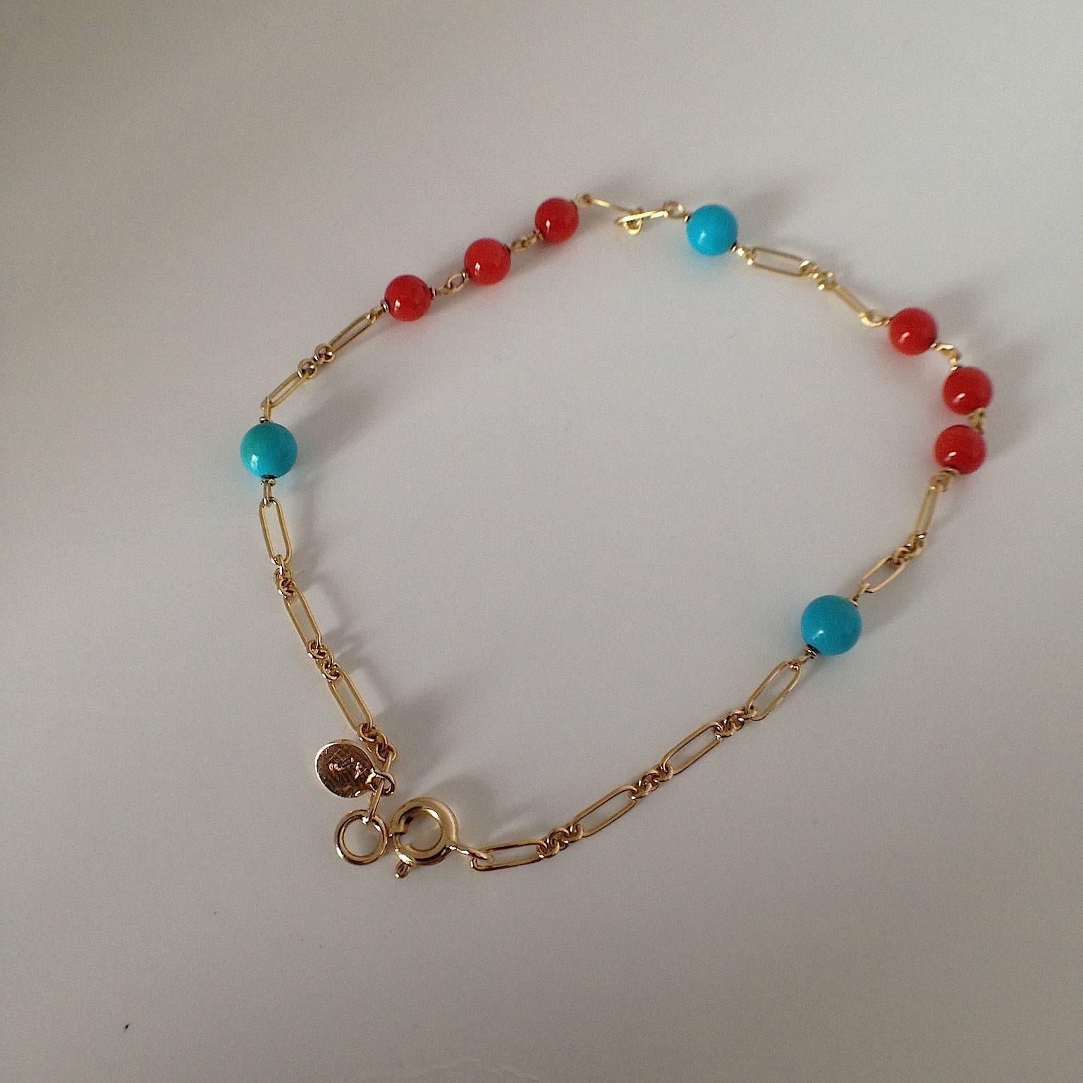Red Coral Turquoise Bead Handmade Gold Bracelet 2