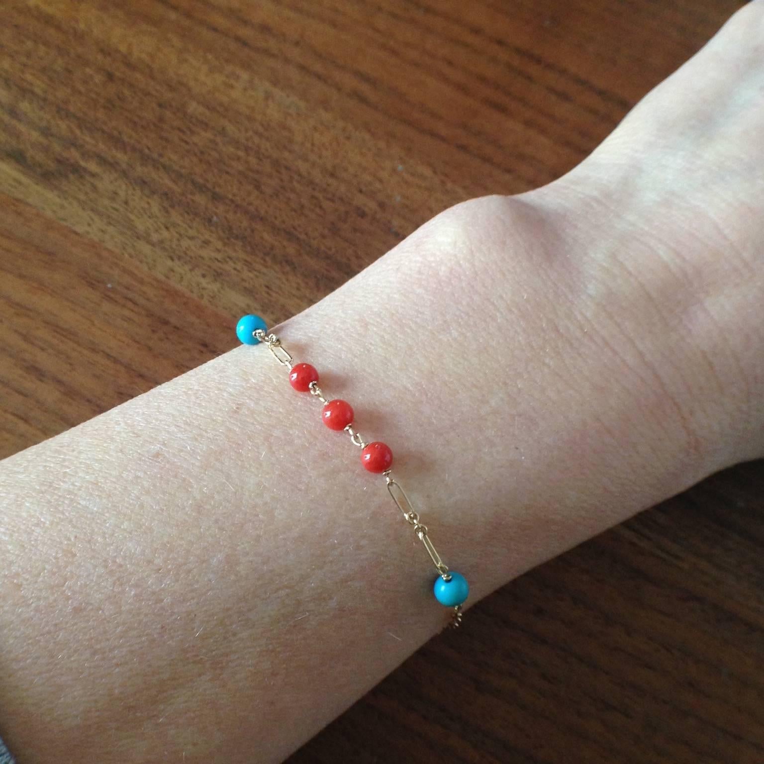 Red Coral Turquoise Bead Handmade Gold Bracelet 3
