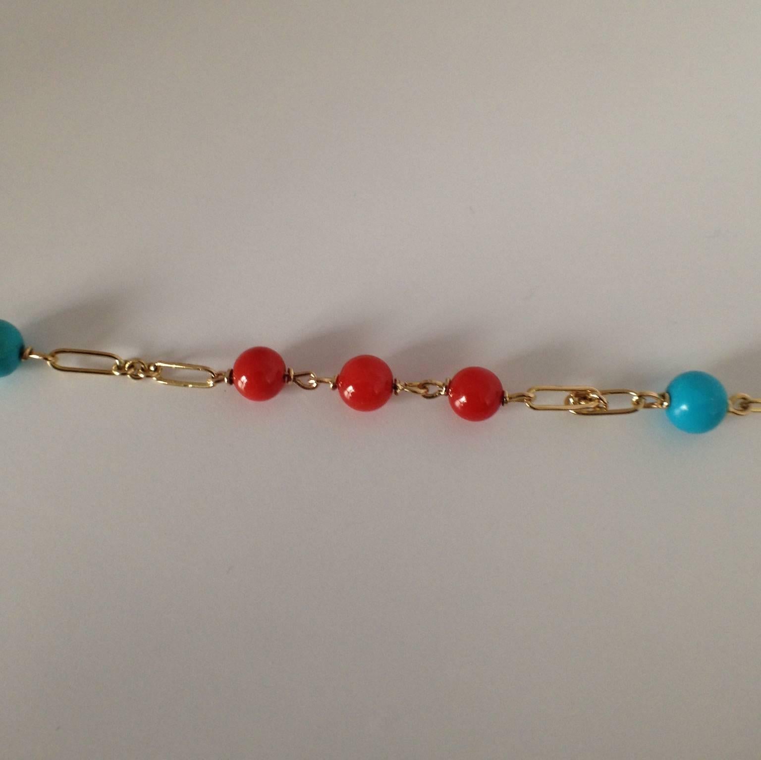 Red Coral Turquoise Bead Handmade Gold Bracelet 5