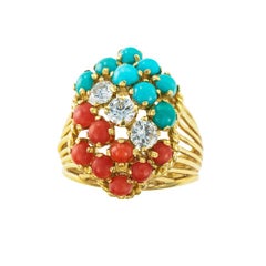 Red Coral Turquoise Diamond Yellow Gold Cluster Ring